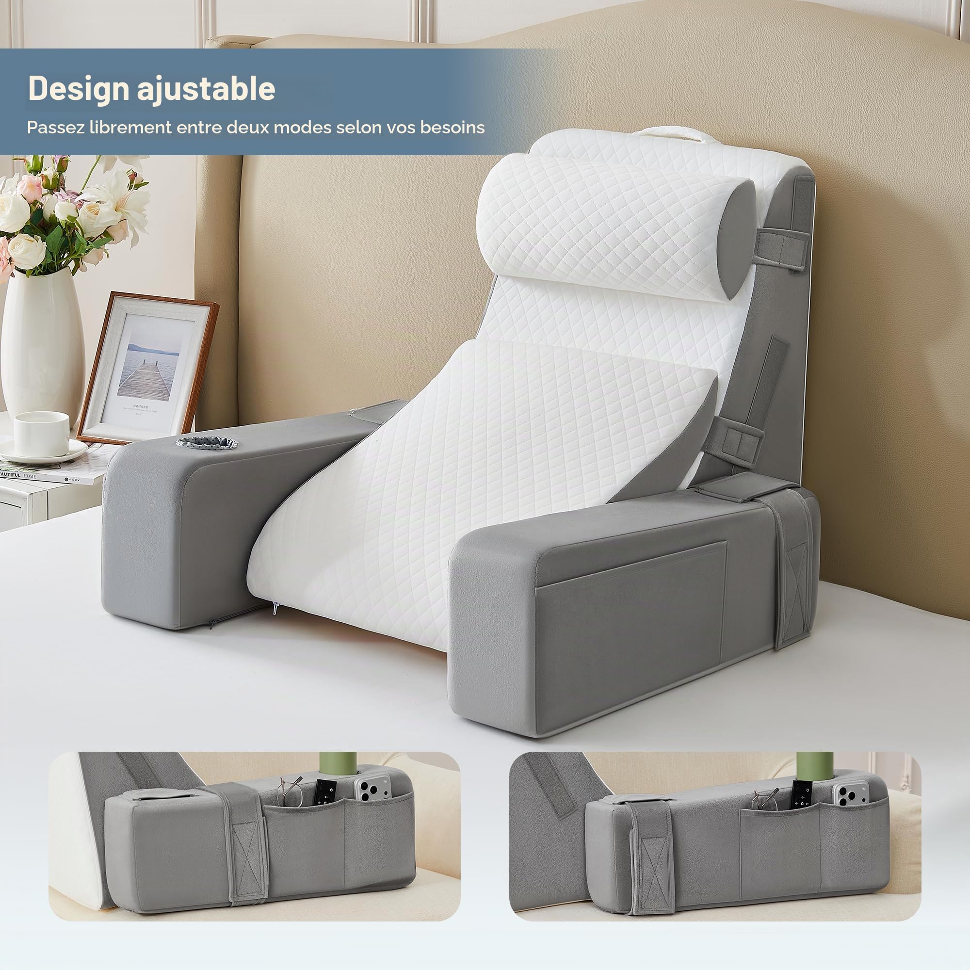 Lot de 5 coussins de lecture pour lit et canapé, coussin de livre avec traversin et accoudoirs amovibles, coussin de dossier de lit, coussin mural multifonction pour lire, travailler, lit