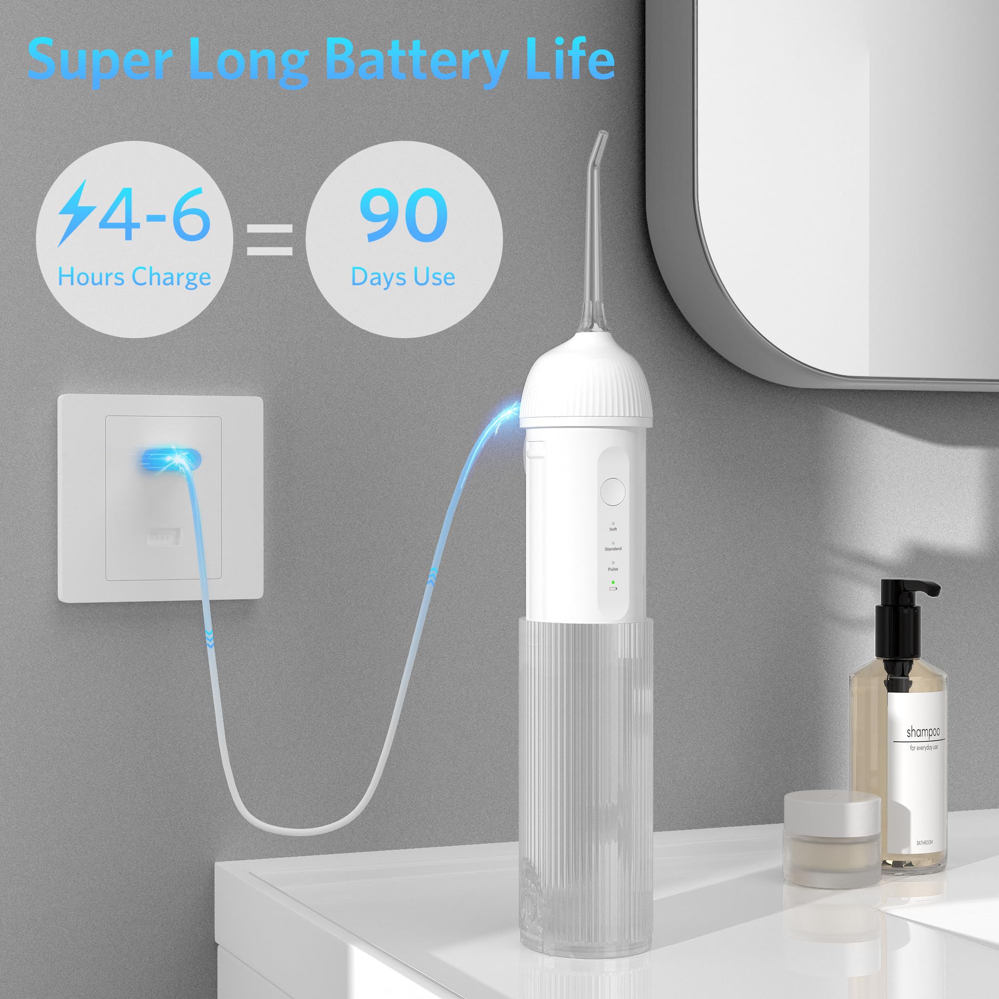 Hydropulseur dentaire : Irrigateur buccal portable sans fil avec 4 embouts de jet, hydropulseur étanche IPX7 rechargeable pour les dents, les gencives, les appareils dentaires et les voyages