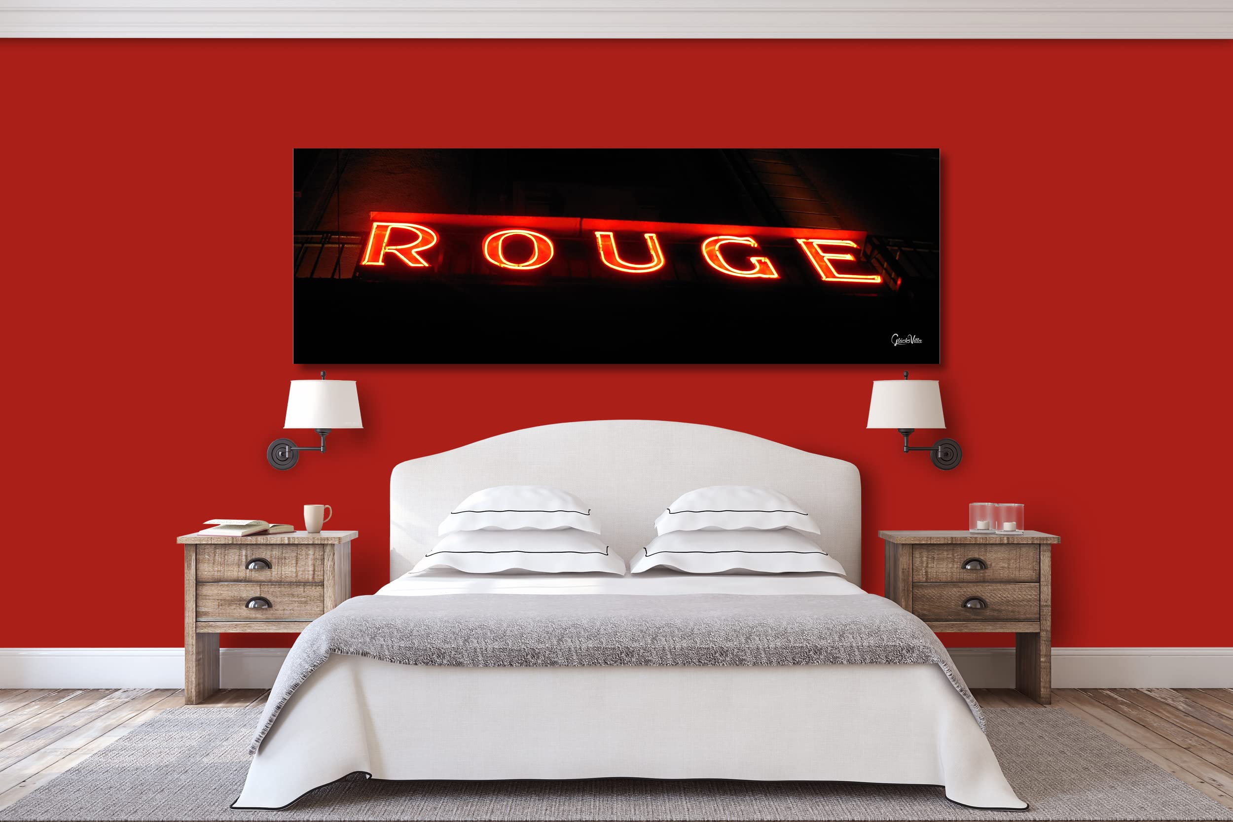 Glücksvilla - Rotes Rouge (Echtglas + Acryl 4 mm, 90 x 30 cm) | div. Maße - aus DE - Kunstdruck XXL Deko Wandbild quer - Hotel Reklame Leuchtschrift Schild Buchstabe