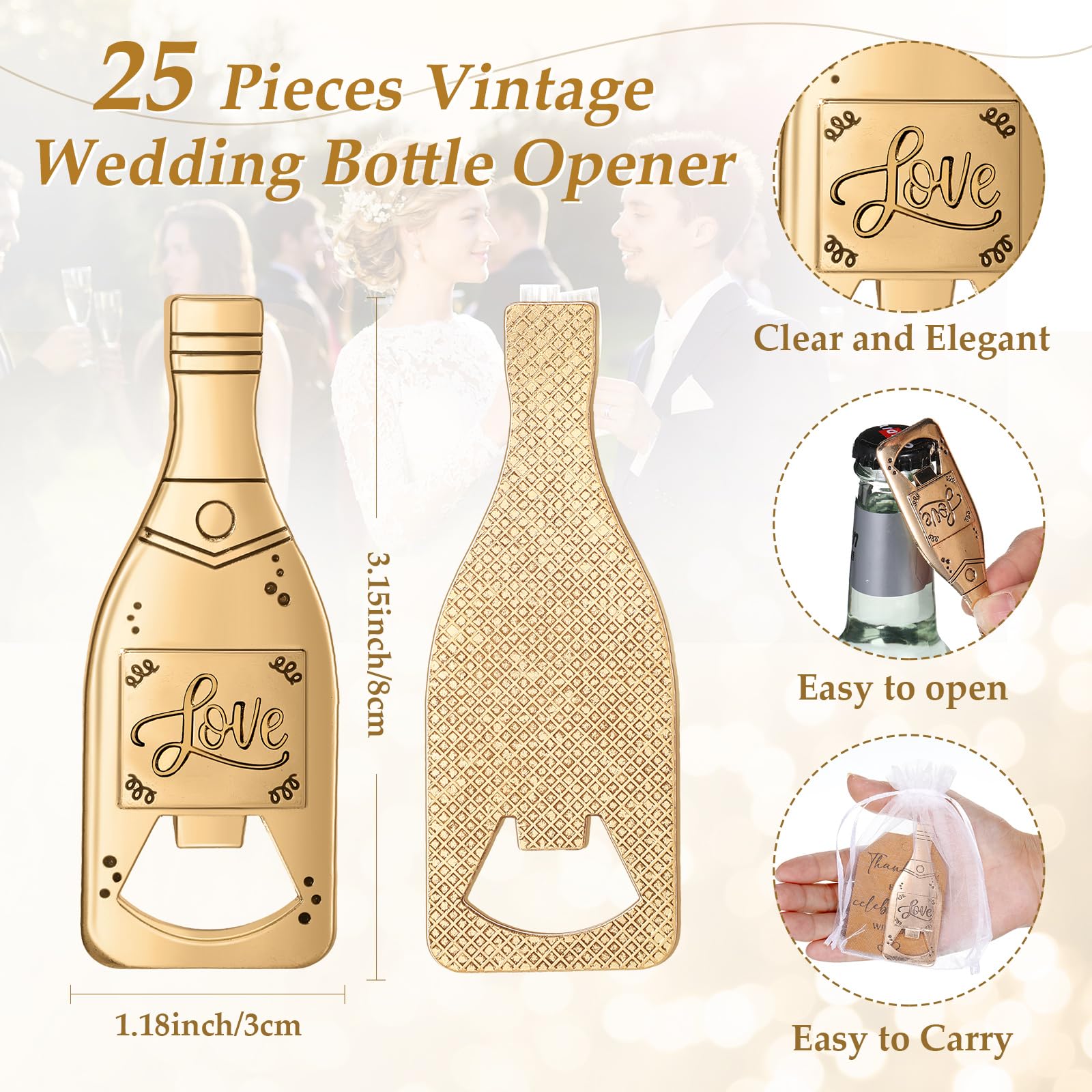 Suclain 25 Sets Hochzeitsgäste-Gastgeschenke, Flaschenöffner, Partygeschenke, inklusive 25 Flaschenöffner, Vintage-Hochzeitsflaschenöffner, 25 Dankeskarten, 25 Organza-Beutel, Hochzeitssouvenirs für