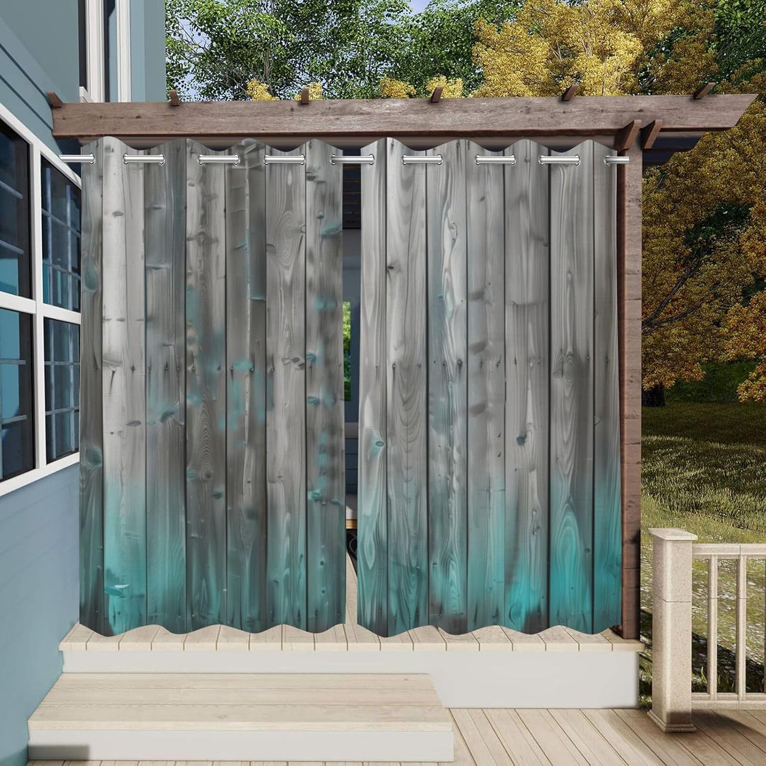 Wooden Theme Waterproof Indoor/Outdoor Curtains,Wooden Board Gradient Pattern,Weatherproof Outside Curtain for Cabana, Porch, Pergola and Gazebo,2 Panel,54 x 96 inch,Cyan Gray