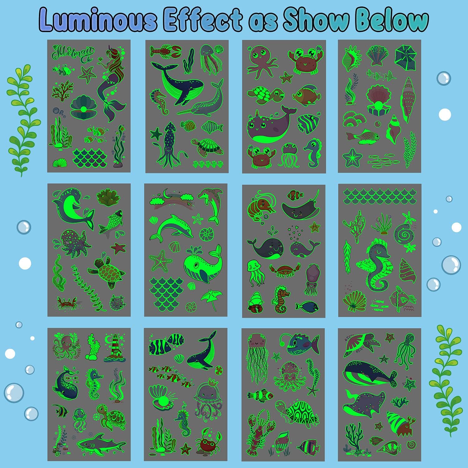 Glow Temporary Tattoos for Kids, Sea Animals Tattoo image 3