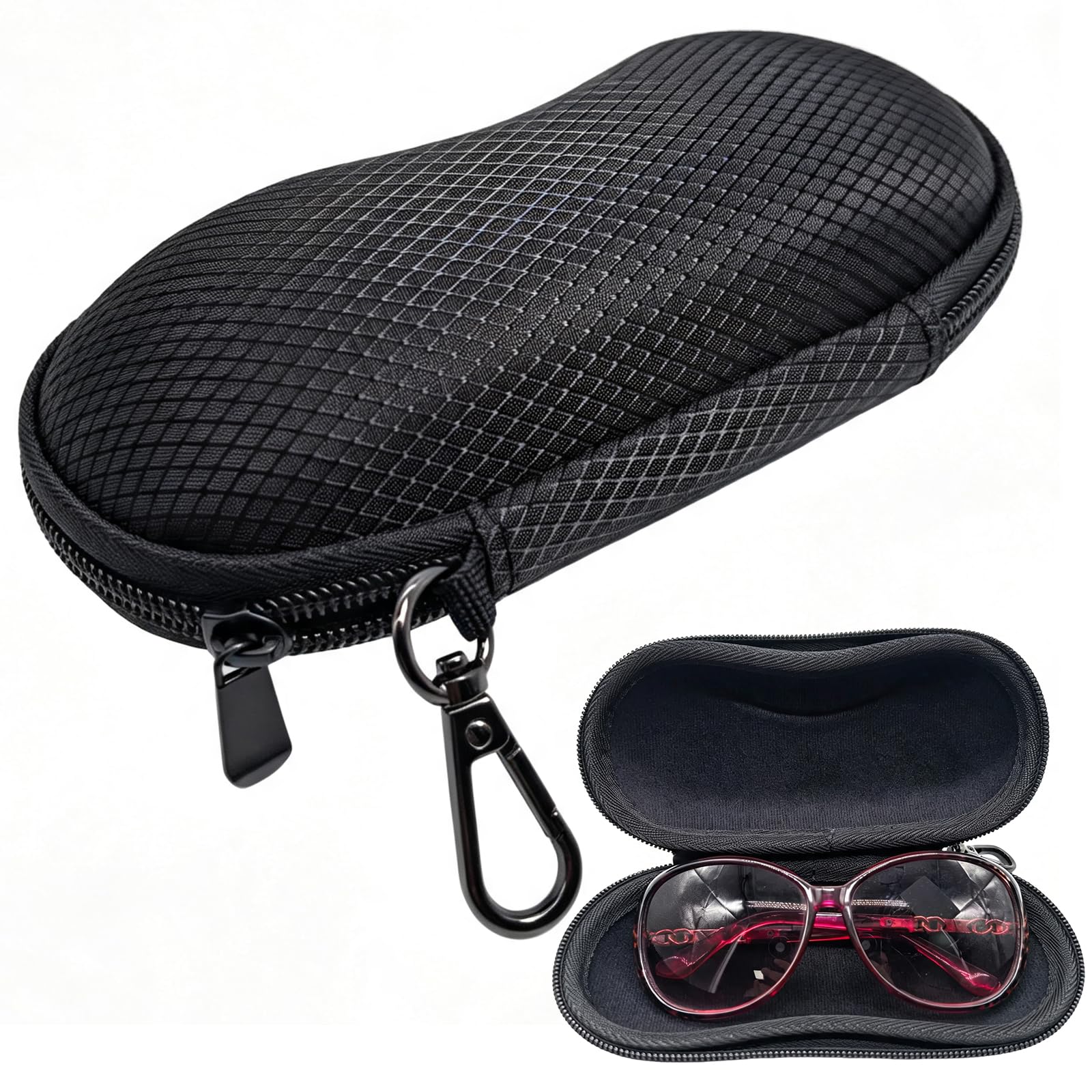 Funda rígida portátil para gafas con gancho de mosquetón para gafas de sol