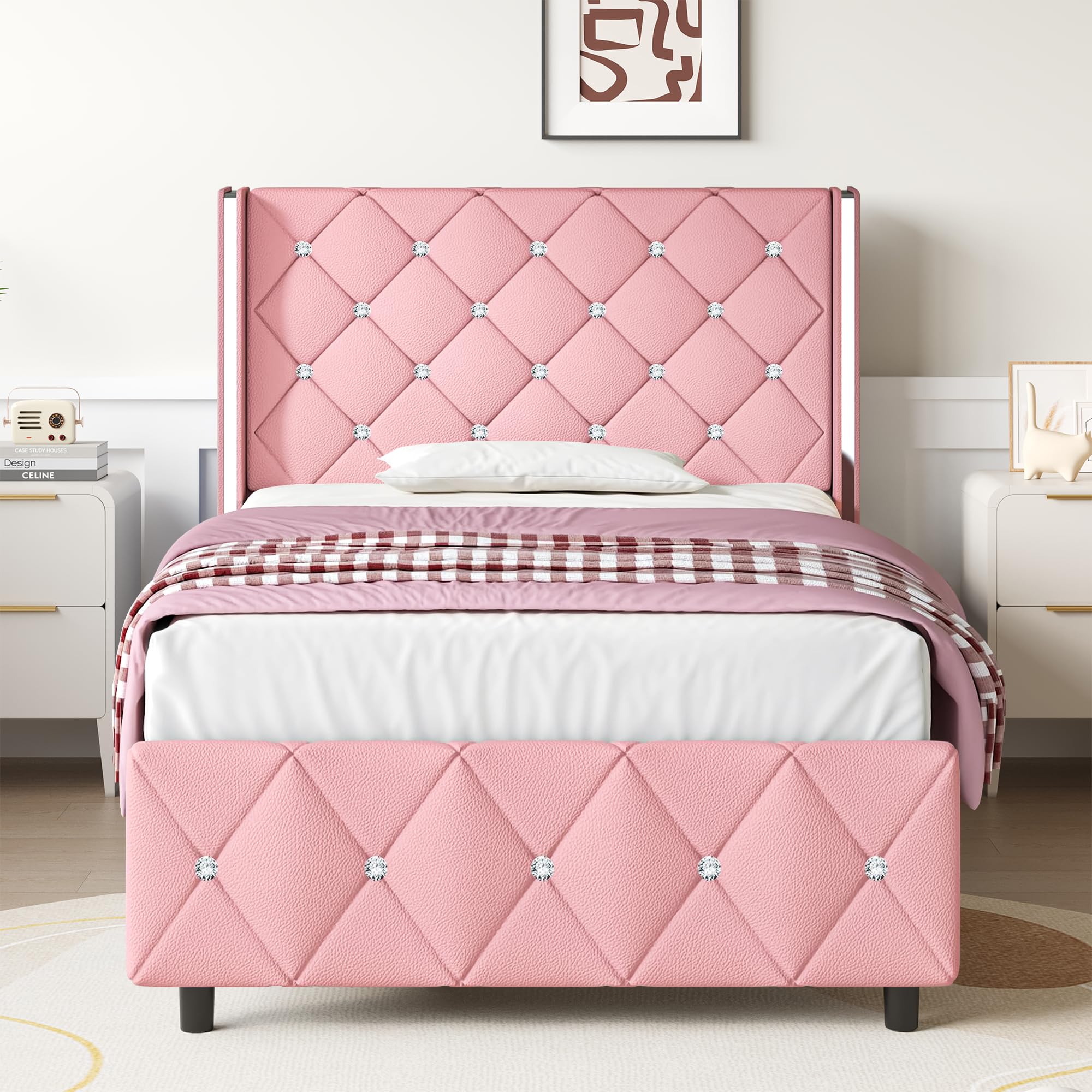 Lullabyre Twin Size Bed Frame, Upholstered Bed Frame with Diamond Tufted Headboard, Modern Silverside Wingback, No Box Spring Needed, Easy Assembly,