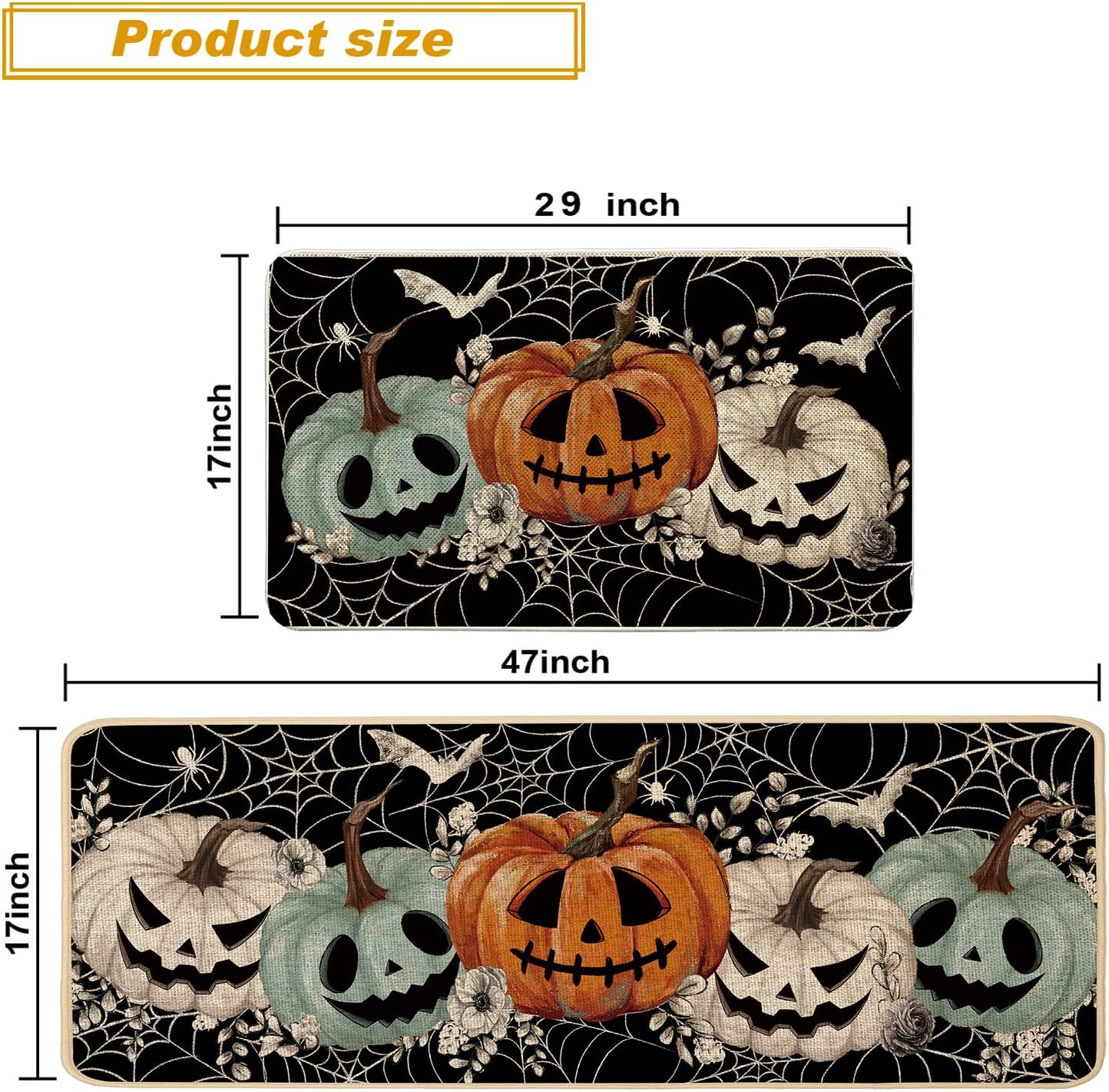 Baccessor Halloween Kitchen Mats Set of 2, Spooky Pumpkins Spider Web Ghost Kitchen Mat Rug Low-Profile Non Slip Absorbent Kitchen Floor Mats for Fall Home Party Decor 17x29 and 17x47 Inch (Black)
