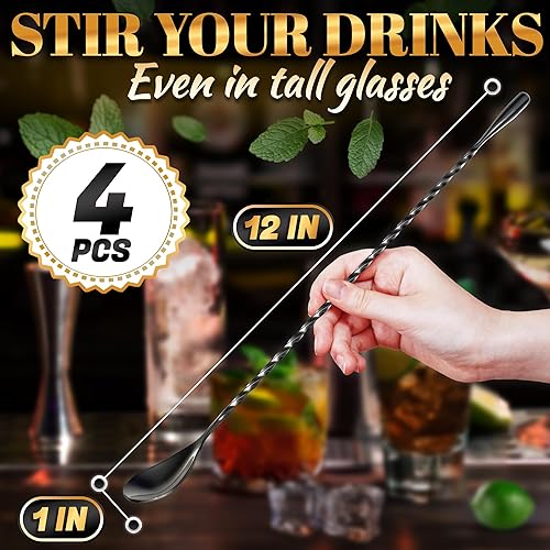 Miniatura 11 de 4 agitadores de cóctel de cuchara de bar, cucharas de 12 pulgadas de largo para agitar, acero inoxidable con superficie pulida, fácil de limpiar