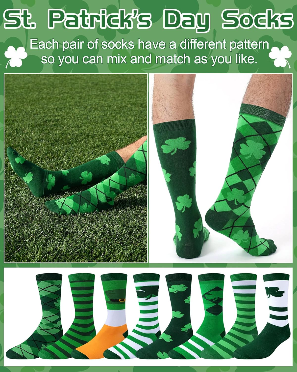 4 Pairs St. Patrick's Day Calf Socks for Men Novelty Green Shamrock Cotton Dress Socks for Irish Parade Costume - Image 3
