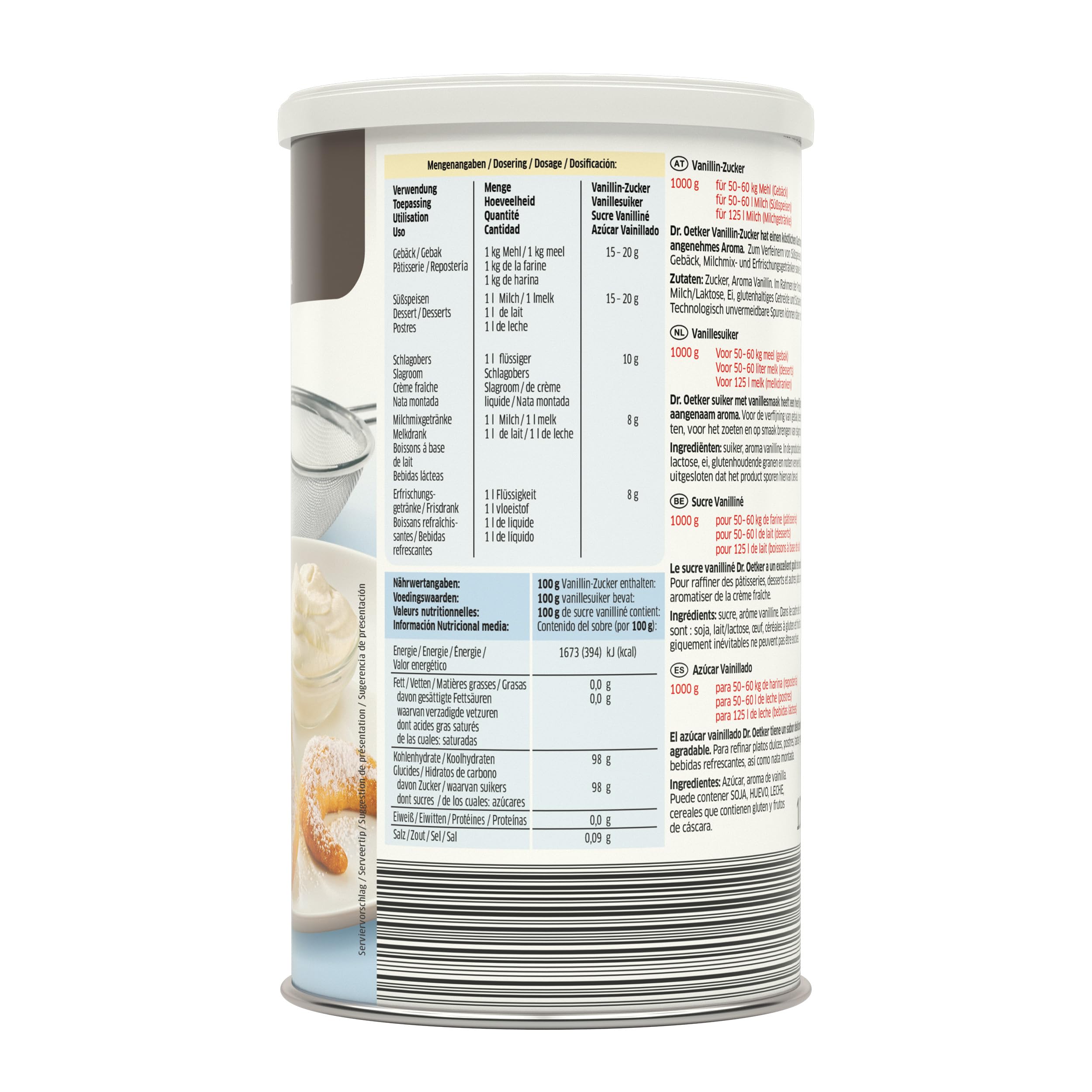 DR. OETKER Azúcar Vainillado 1 kg, Vainilla para Repostería y Decoración