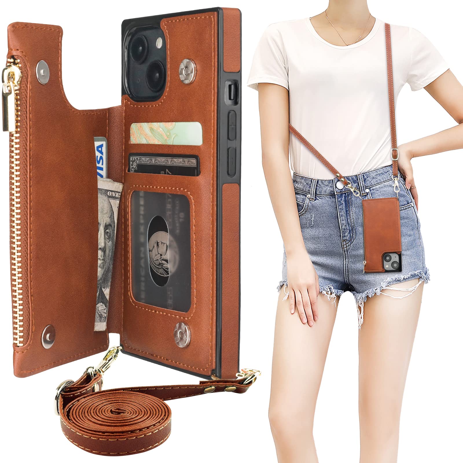Bocasal Crossbody Wallet Case for iPhone 14 with RFID Blocking Card Slot Holder, Magnetic Flip Folio Purse Case, PU Leather Zipper Handbag with Detachable Lanyard Strap 6.1 Inch 5G (Brown)