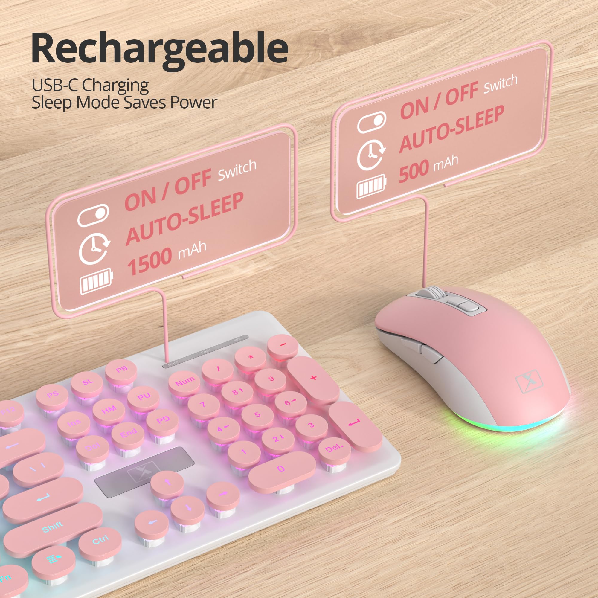 SOLIDEE Ensemble Clavier et Souris sans Fil Rétroéclairés, Clavier Type Machine à Écrire Lumineux Rechargeable 2.4GHz, Touches Rondes Rétro Silencieuses sans Fil avec Récepteur USB(Pink)