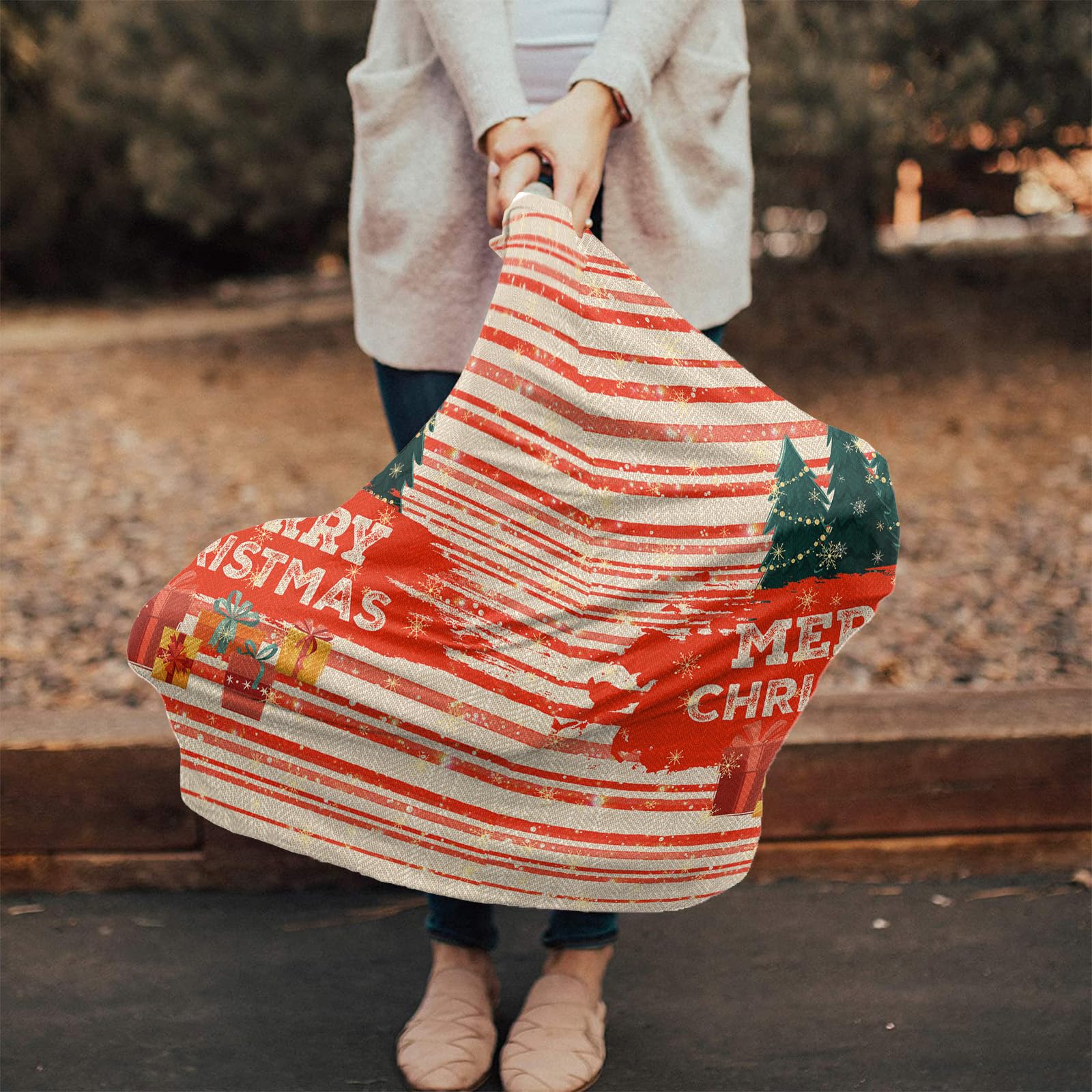 Nursing Cover for Breastfeeding Scarf, Merry Christmas Xmas Tree Gift Box Red Line Striped Baby Car Covers Super Soft Multi Use for Canopy Shopping Cart Cover Blanket Stroller Cover