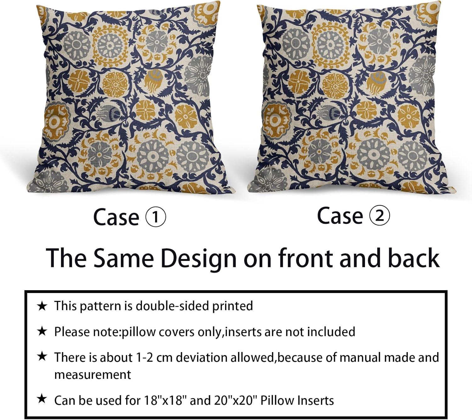 Navy Blue Yellow Grey Pillow Covers 18x18 Set of 2 Boho Carpet Pattern Decorative Throw Pillows Outdoor Pillowcase Vintage Floral Farmhouse Square Linen Cushion Case Decor for Sofa Couch Bed - Image 6
