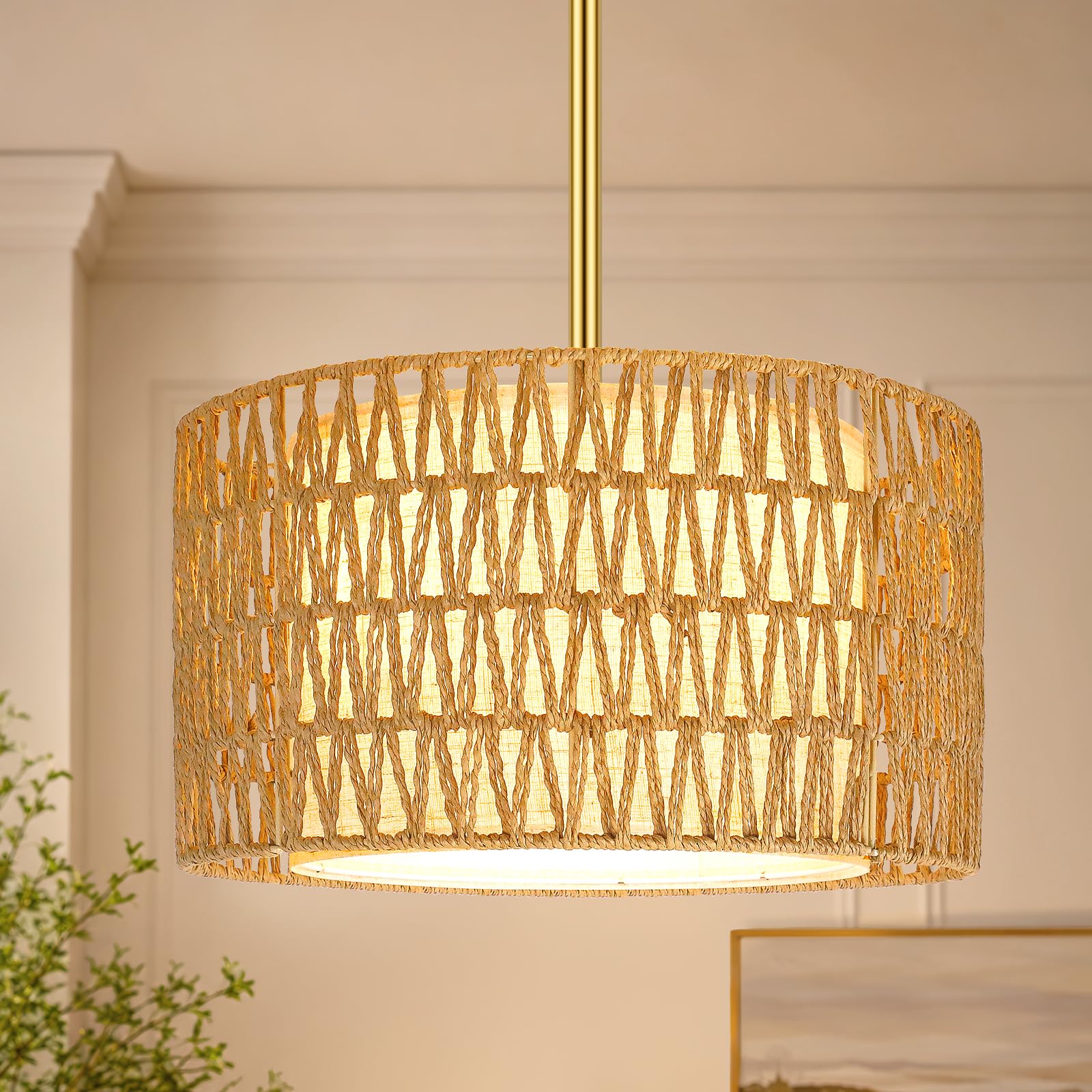 OUTON Lámpara colgante de ratán 3 luces, pantalla de lino, dorada, E27 | Ratán tejido a mano, doble pantalla desmontable, altura regulable hasta 149,9 cm, para techos planos e inclinados