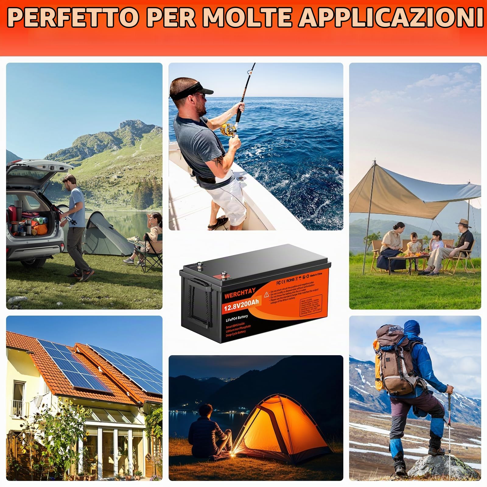 WERCHTAY Batteria Litio 12V 200Ah, 2560Wh LiFePO4 Batterie, con BMS Integrato da 200A, 18000 Cicli a Scarica Profonda, Protezione Contro le Basse Temperature, per Off-Grid, Camper e Imbarcazioni