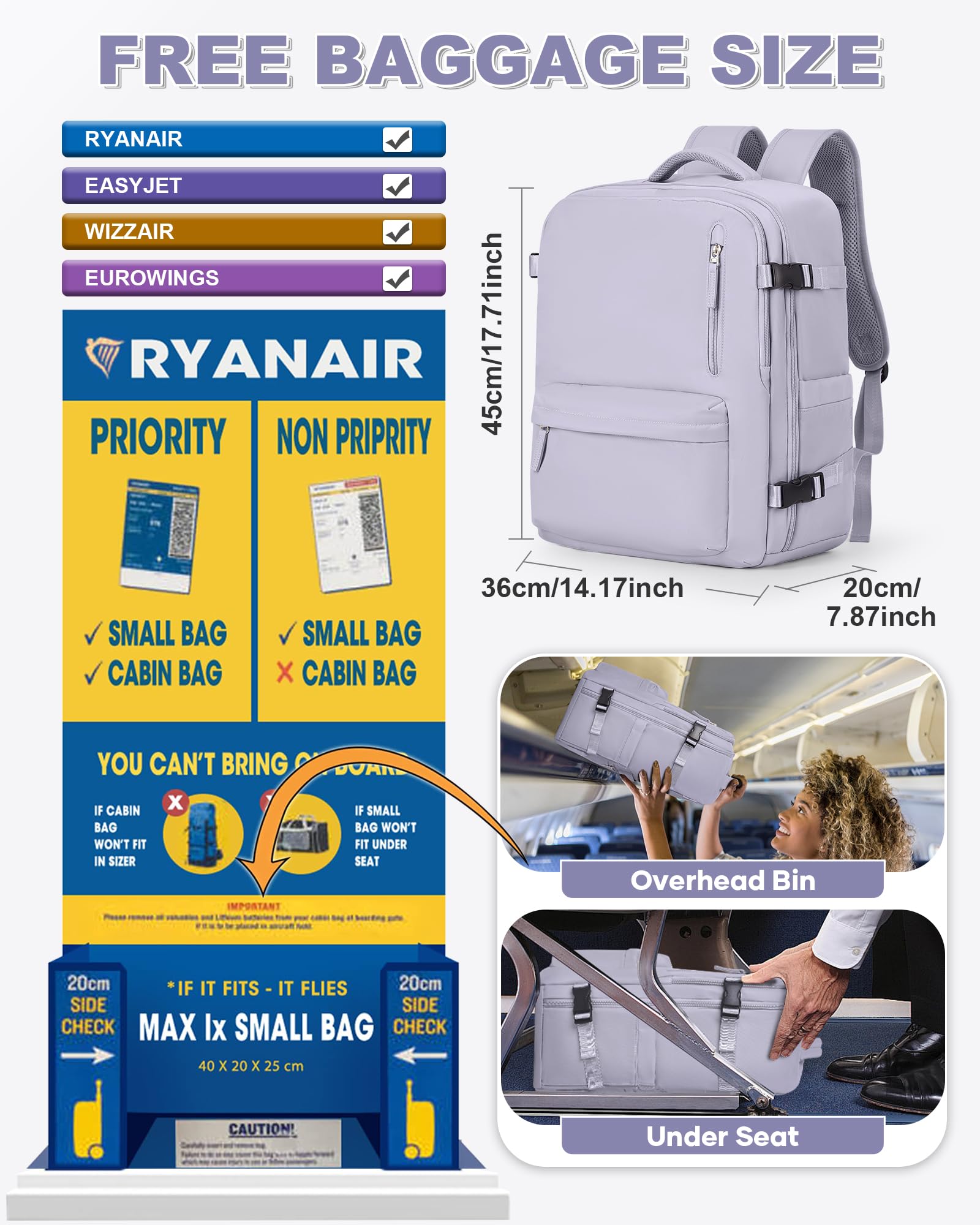 BJLFS Zaino da viaggio aereo Bagaglio a mano con Pompa per Sottovuoto Borse da Cabina per Ryanair 40x20x25 Airback con compressione sottovuoto,Zaino Casual per laptop da 14 pollici per Viaggi