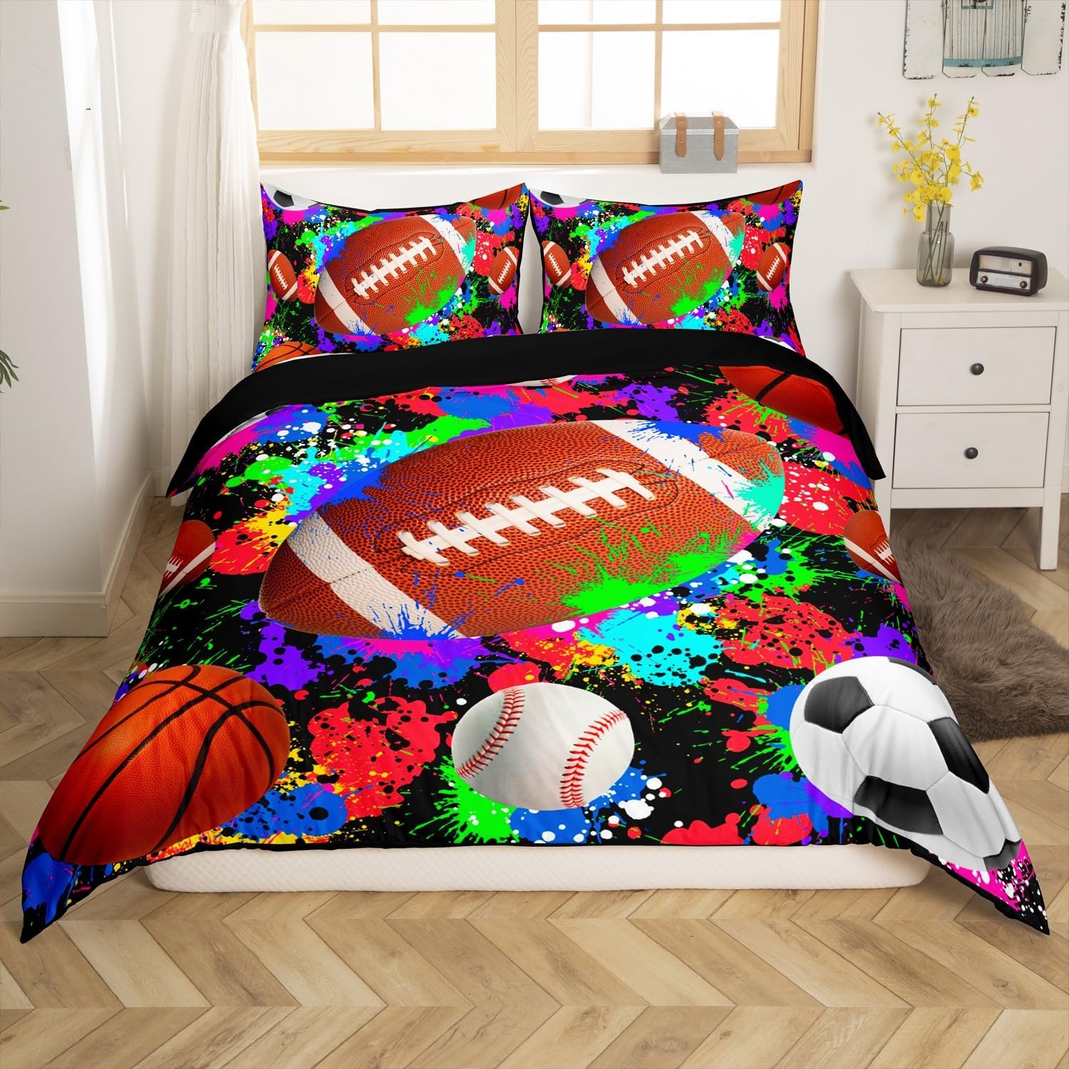 Feelyou Football Bedding Set Twin Size Kids Basketball Comforter Cover Set for Boys Girls Teens Baseball Duvet Cover Rugby Sports Theme Bedspread Cover（No Comforter