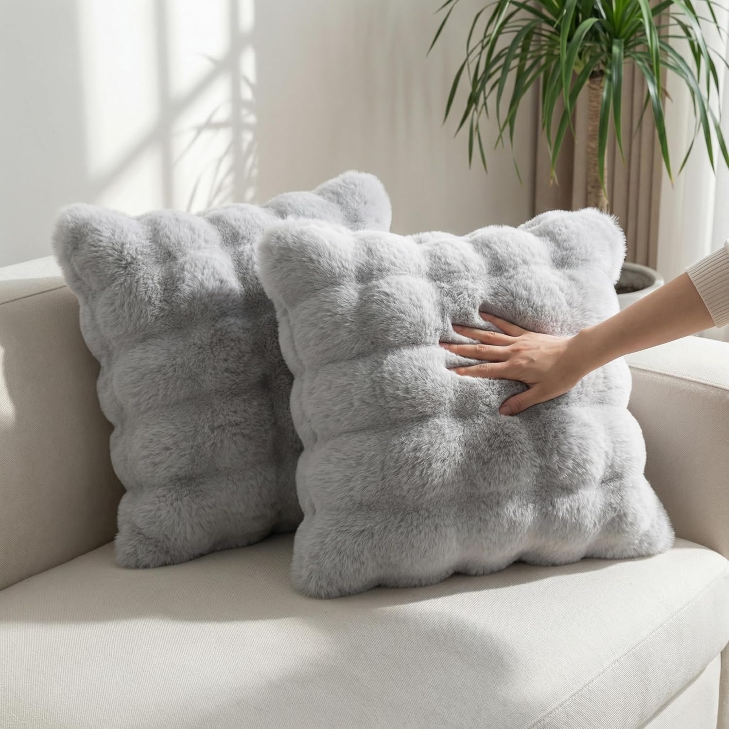 Neelvin Gray Faux Fur Pillow Covers Set of 2, Luxury Soft Fluffy Throw Pillow Covers for Couch, Fuzzy Decorative Plaid Plush Cushion Cases for Living Room Sofa Bedroom Decor