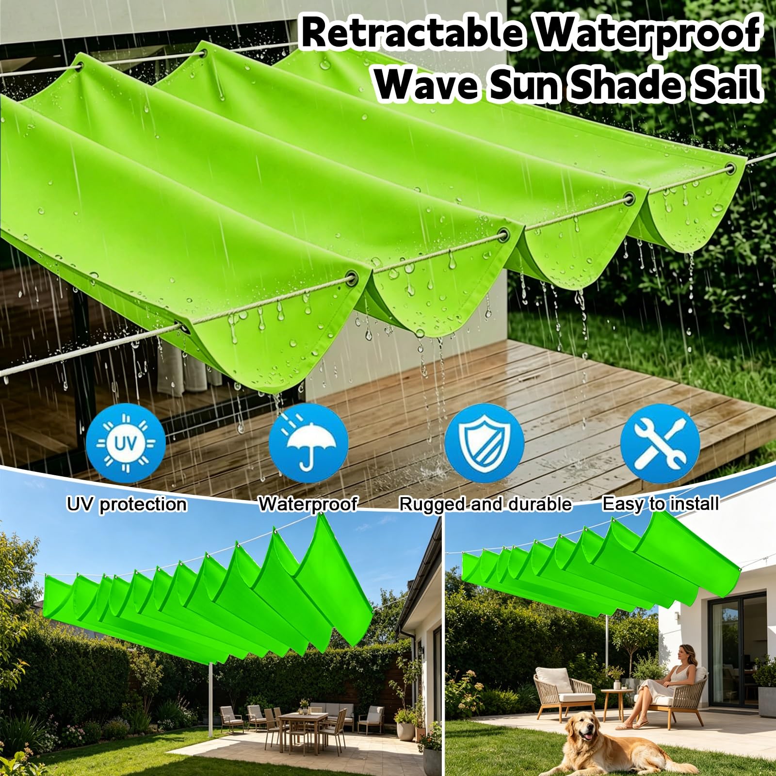 Toldo Retráctil de Onda 100 x 1000 cm Impermeable Ondulada Toldos Exterior Protección Rayos UV Resistente Al Desgarro con Ojales y Cuerdas para Jardín Porche Patio Barbacoa, Verde Tierno