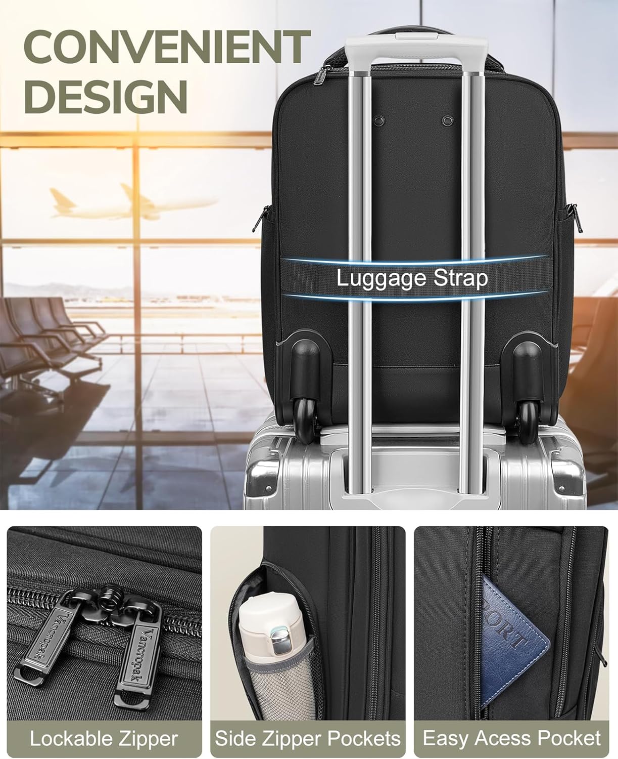 Vancropak Carry on Luggage with Wheels, Multi-functional Airline Approved Underseat Carry-On Rolling Suitcase, 15.6" Lightweight Overnight Weekender Bag Travel Business Roller for Men Women, Black - Image 6