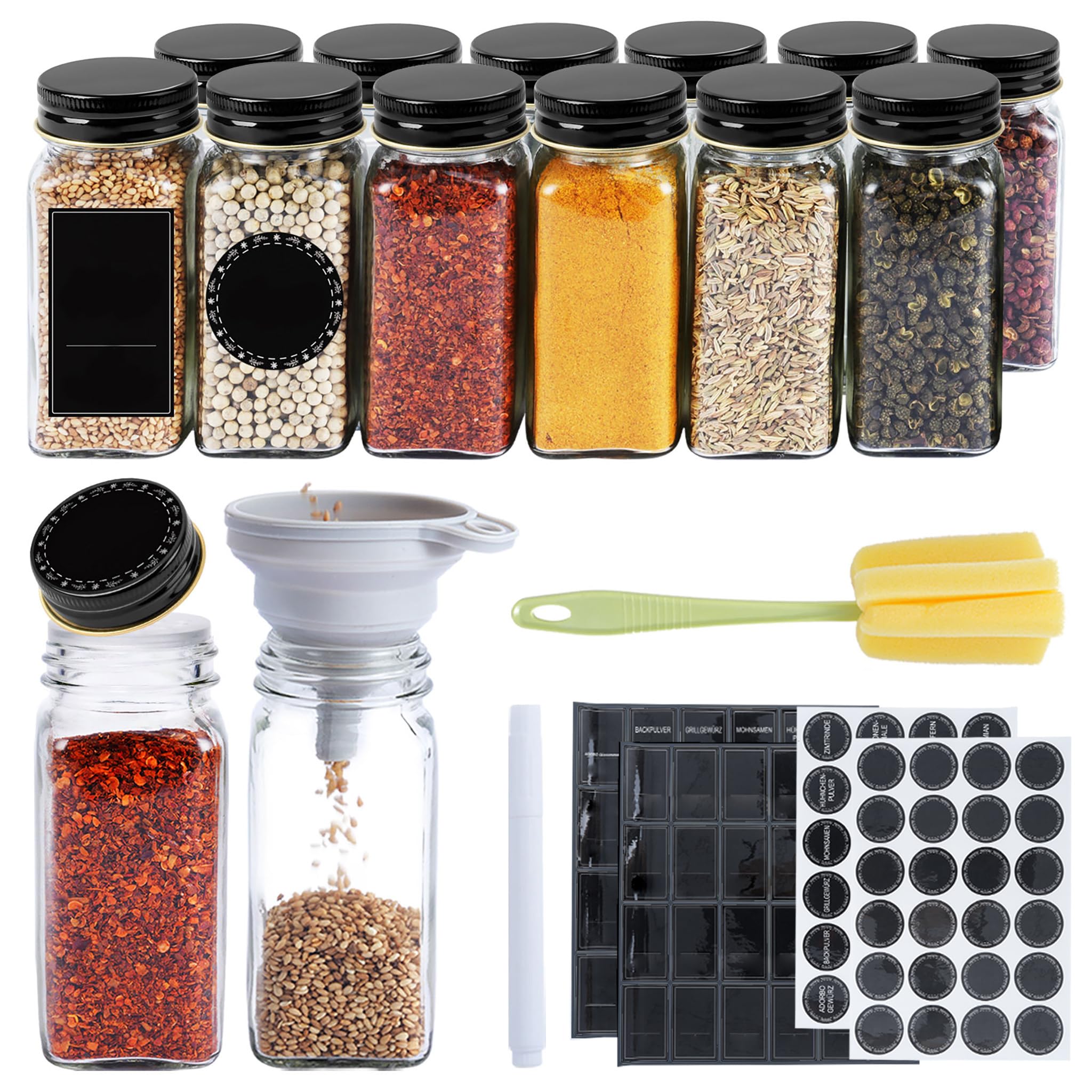 YEATHOR 12pcs Glass Spice Jars 120ml with Black Lid, Shaker Inserts, Black Lables, Marker Pen, Funnel & Cleaning Brush Square Seasoning Jars Spice Containers Storage Jars for Kitchen Seasoning