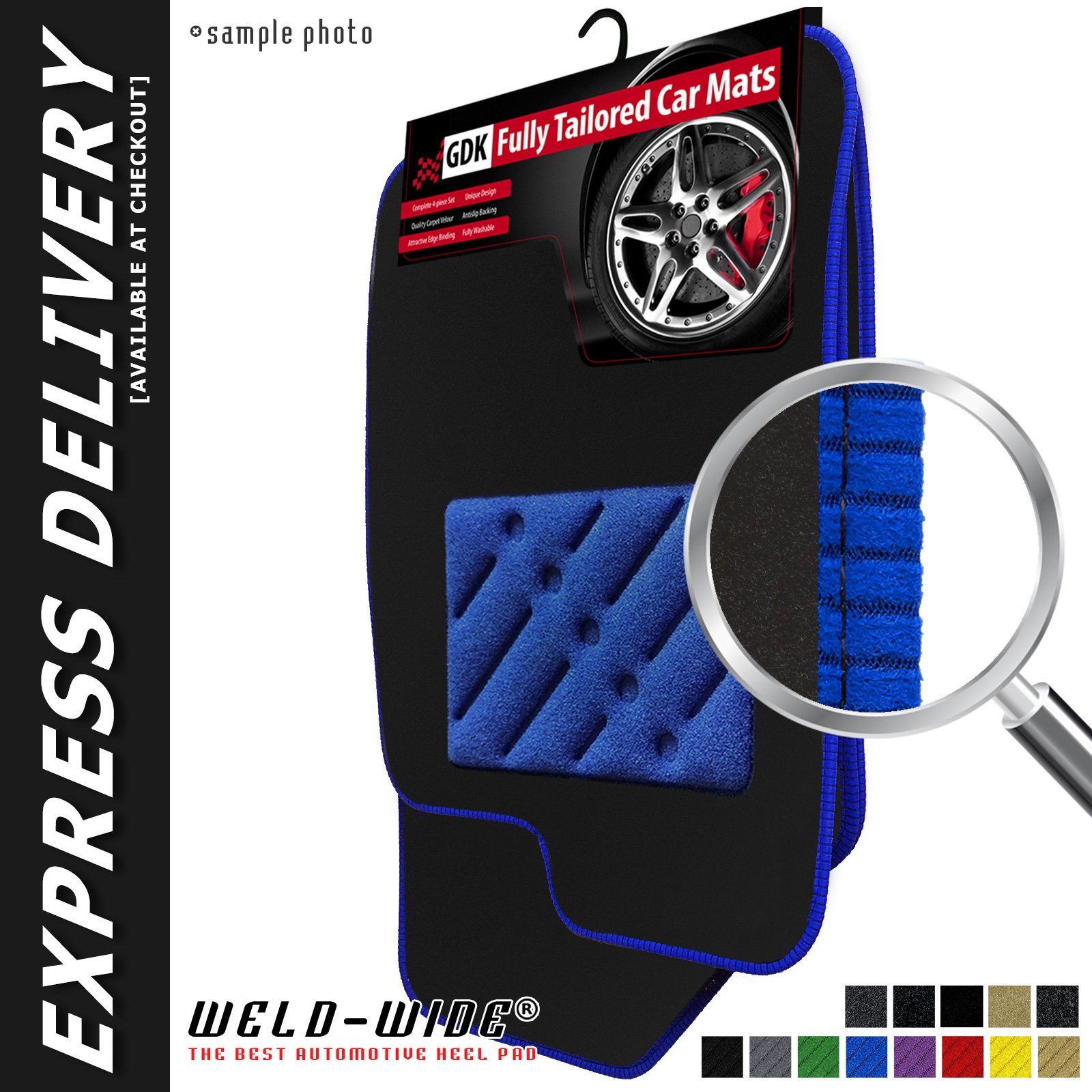 Car Mats FOR Vauxhall Adam 2013+ Black Carpet + Blue Ribbed Trim + Blue Rectangle Heel Pad [SAPP-1482]