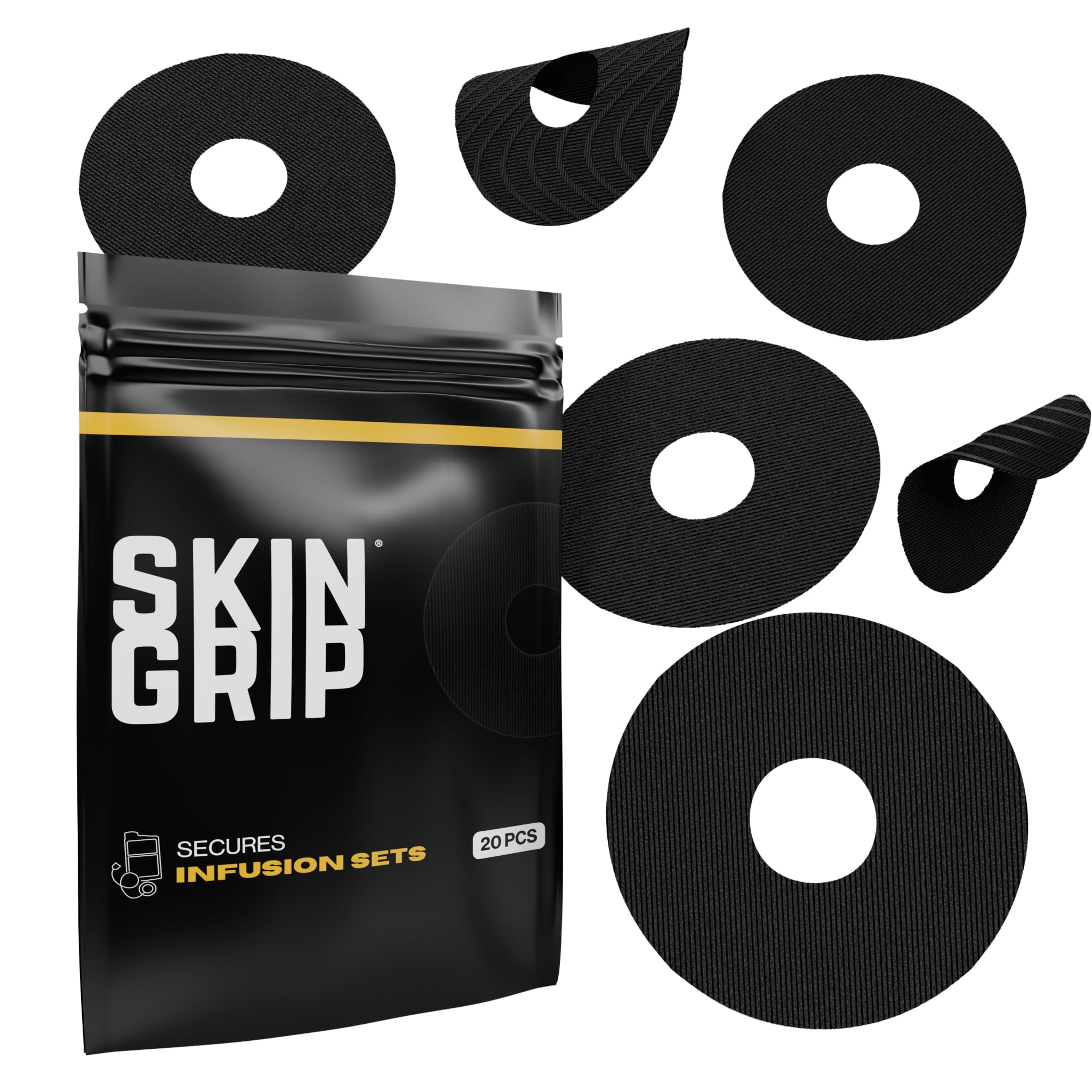 Skin Grip Universal Adhesive Patches for CGM and Insulin Pumps (20-Pack), 0.8-Inch Hole, Waterproof & Sweatproof for 10-14 Days, Pre-Cut Adhesive Tape, Continuous Glucose Monitor Protection, Black