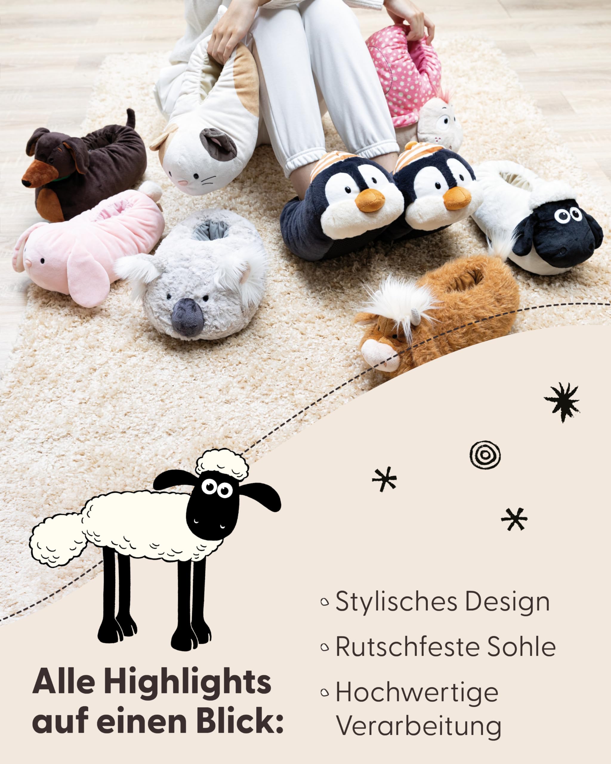 NICI Hausschuhe aus Plüsch für Kinder & Erwachsene - Warme Kuscheltier Hausschuhe aus Plüsch für Kinder und Erwachsene, Tier-Schuhe mit Anti-Rutsch Sohle, Slippers