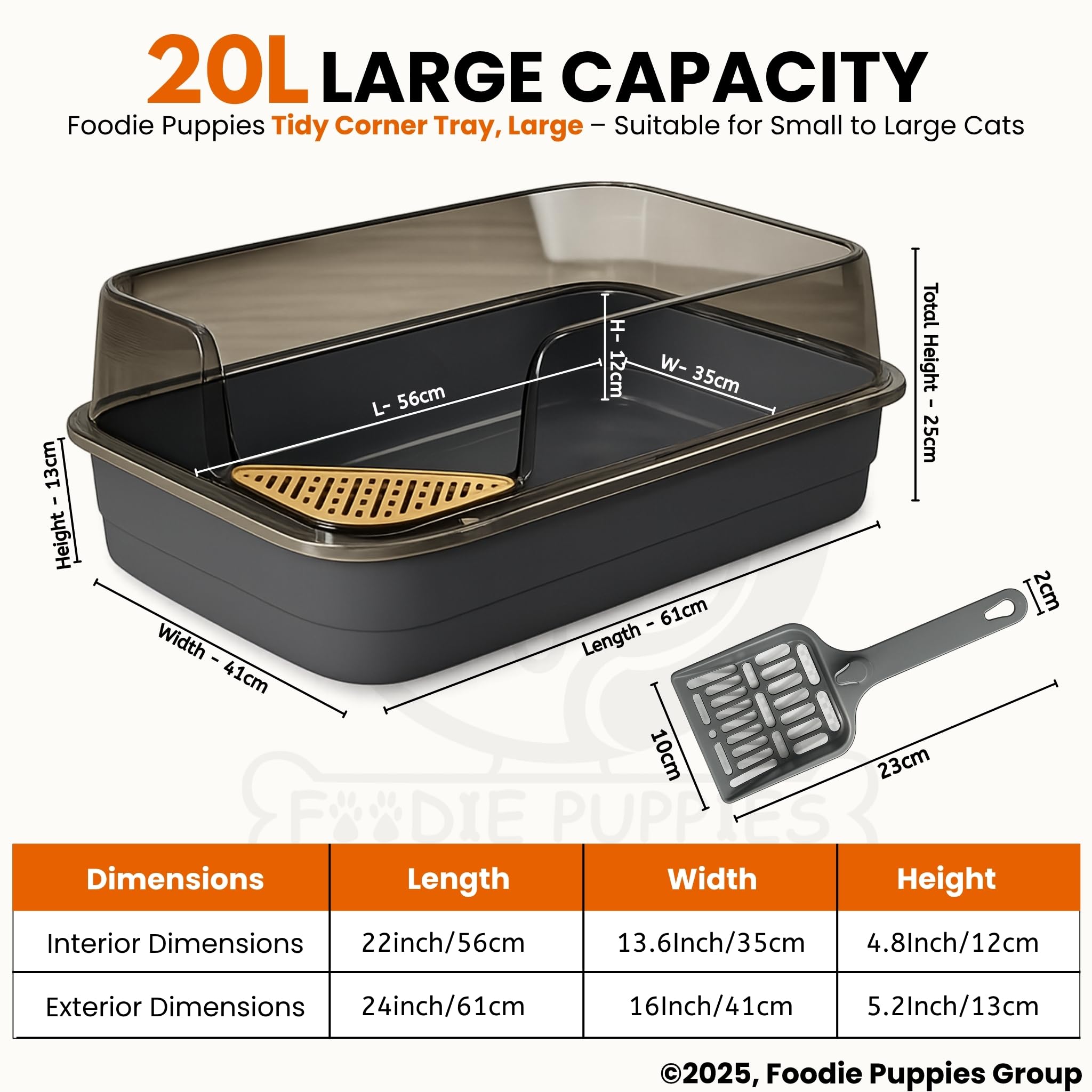 Foodie Puppies Litter Tray for Small to Large Cats - (Tidy Corner Tray, Large) (61 x 41 x 25 cm) | Basic Cat Tray with Free Litter Scooper, Semi Enclosed, Bedpan Potty, Toilet Training (Black)