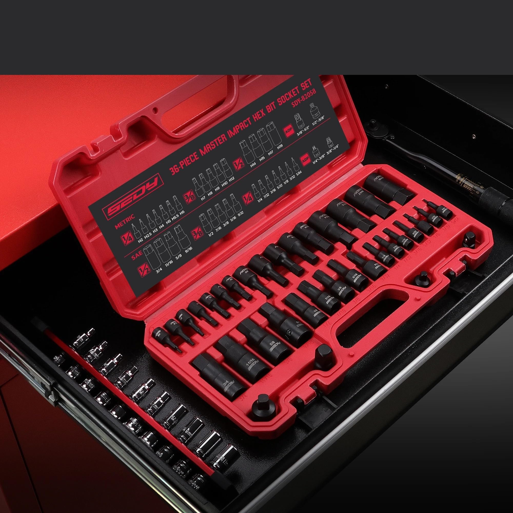 36-częściowy zestaw nasadek udarowych z bitami sześciokątnymi i 4 adapterami 1/4" 3/8" 1/2" Drive Master Allen Zestaw przedłużek