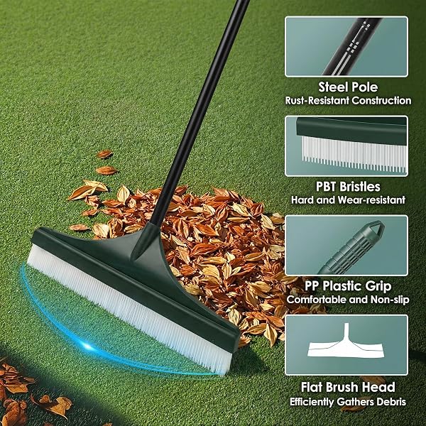 Artificial Grass Brush, 140cm Telescopic Handle, Stainless Steel and Plastic, Green, 43.5cm Brush Head, for Maintaining Artificial Lawns - 4