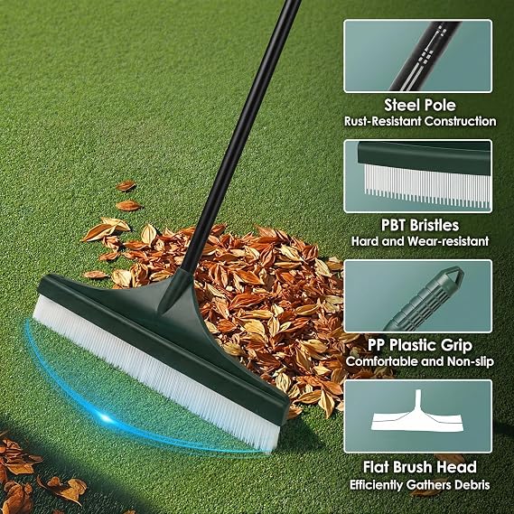 Artificial Grass Brush, 140cm Telescopic Handle, Stainless Steel and Plastic, Green, 43.5cm Brush Head, for Maintaining Artificial Lawns