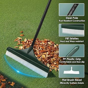Artificial Grass Brush, 140cm Telescopic Handle, Stainless Steel and Plastic, Green, 43.5cm Brush Head, for Maintaining Artificial Lawns