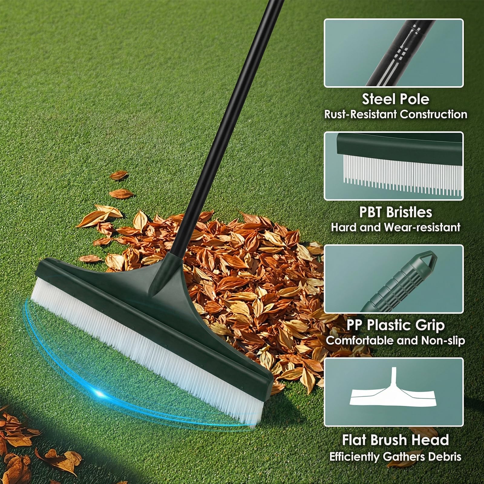 Artificial Grass Brush, 140cm Telescopic Handle, Stainless Steel and Plastic, Green, 43.5cm Brush Head, for Maintaining Artificial Lawns — view 4