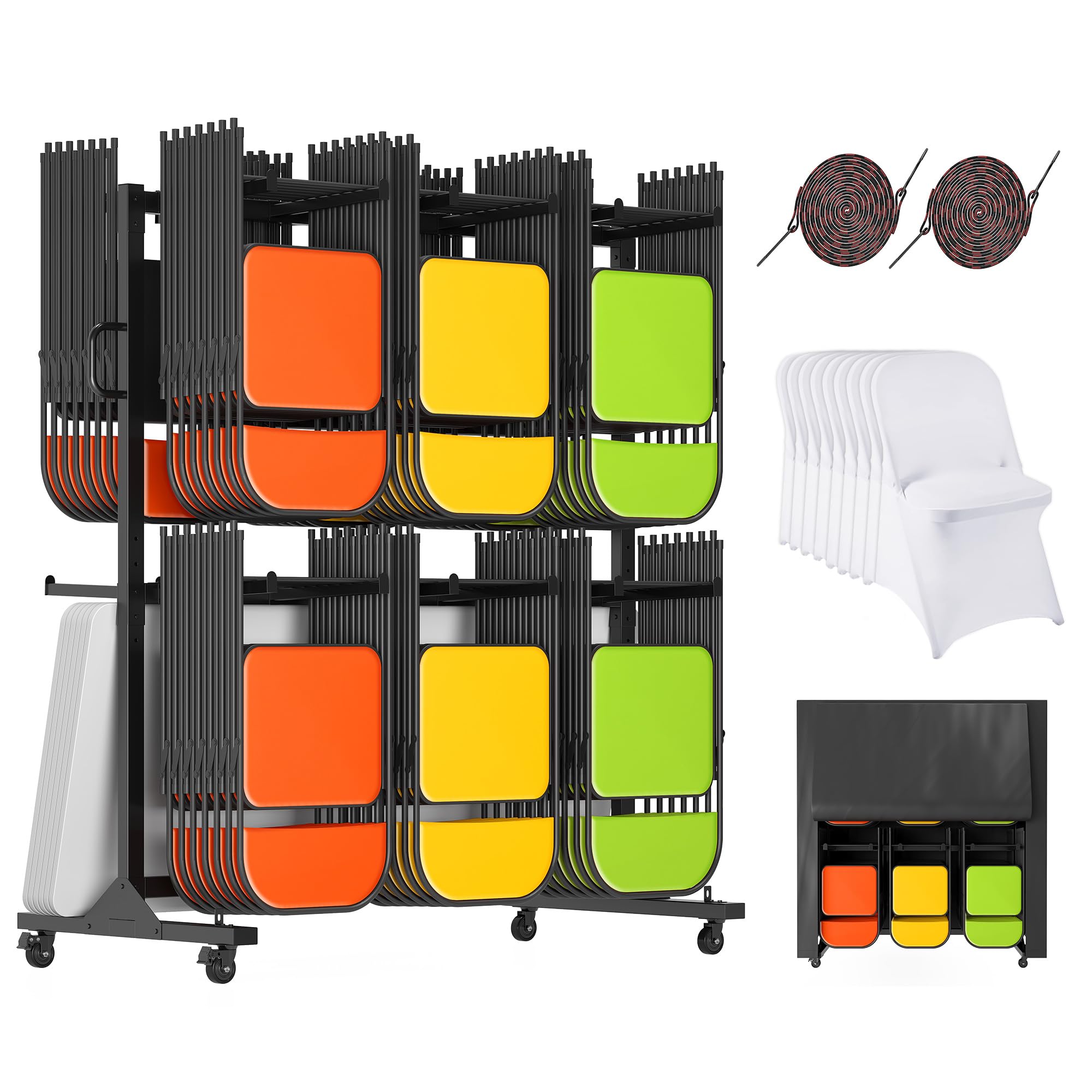 Albott Folding Chair Rack for 12 Tables or 84 Chairs | Heavy-Duty Chair Cart with 1100 LBS Capacity, 50 Chair Covers, Wheels, Elastic Cords and Cover,