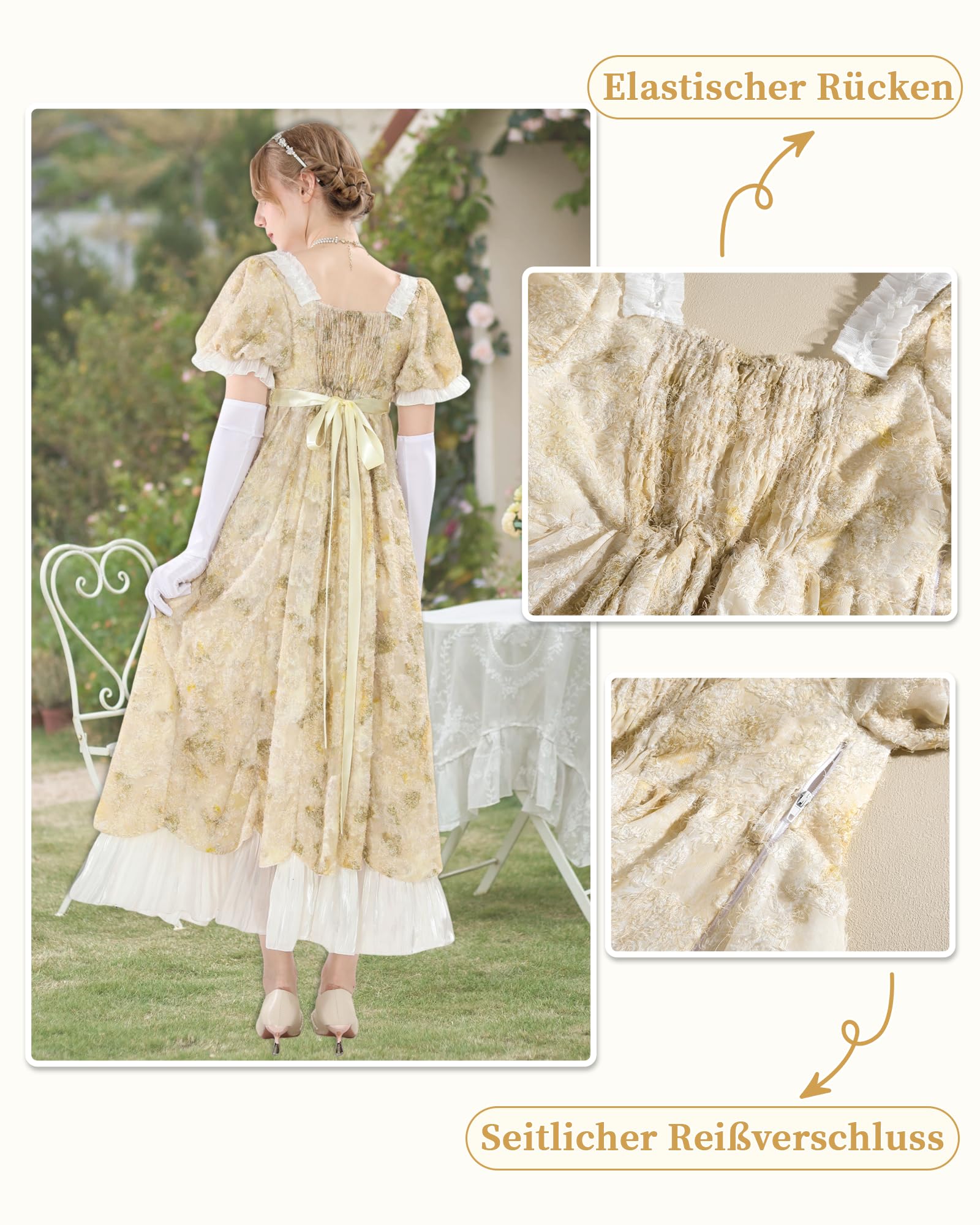 Vestido de mujer Regency amarillo vestido victoriano Jane Austen largo vintage vestido imperio de baile con guantes cintura imperio