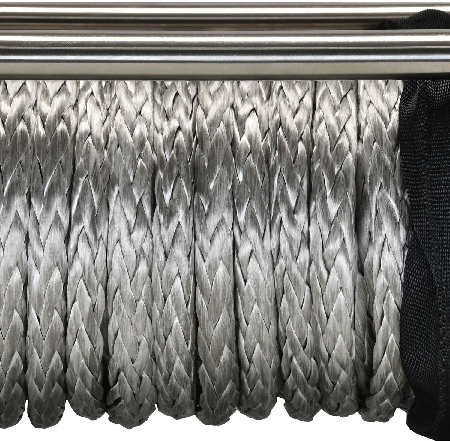 Close-up of the synthetic rope spooled on the winch drum.