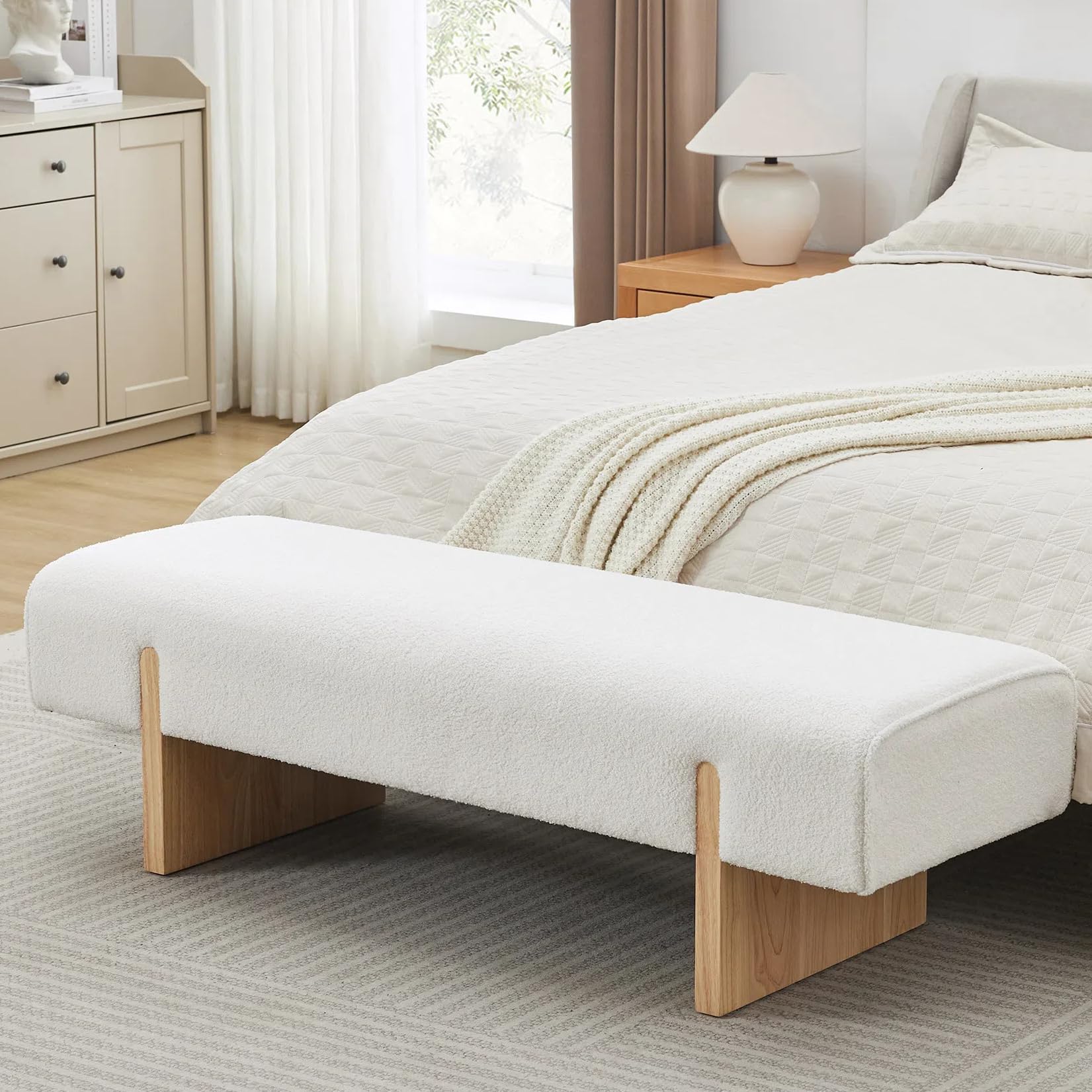 Zesthouse Solid Wooden Bench for Bedroom, 55'' White Sherpa Fabric End of Bed Bench Queen Size, Modern Accent Entryway Bench with Rubberwood Legs,