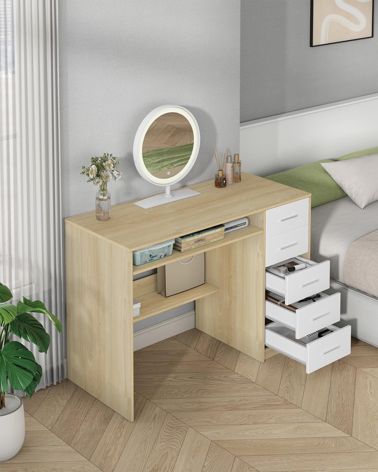 Hzuaneri Mesa Ordenador con 5 Cajones, Mesa de Oficina, Escritorio Moderno con Almacenamiento, para Estudio, Oficina, Dormitorio, 50 x 108 x 75 cm, Roble y Blanco CD10531X