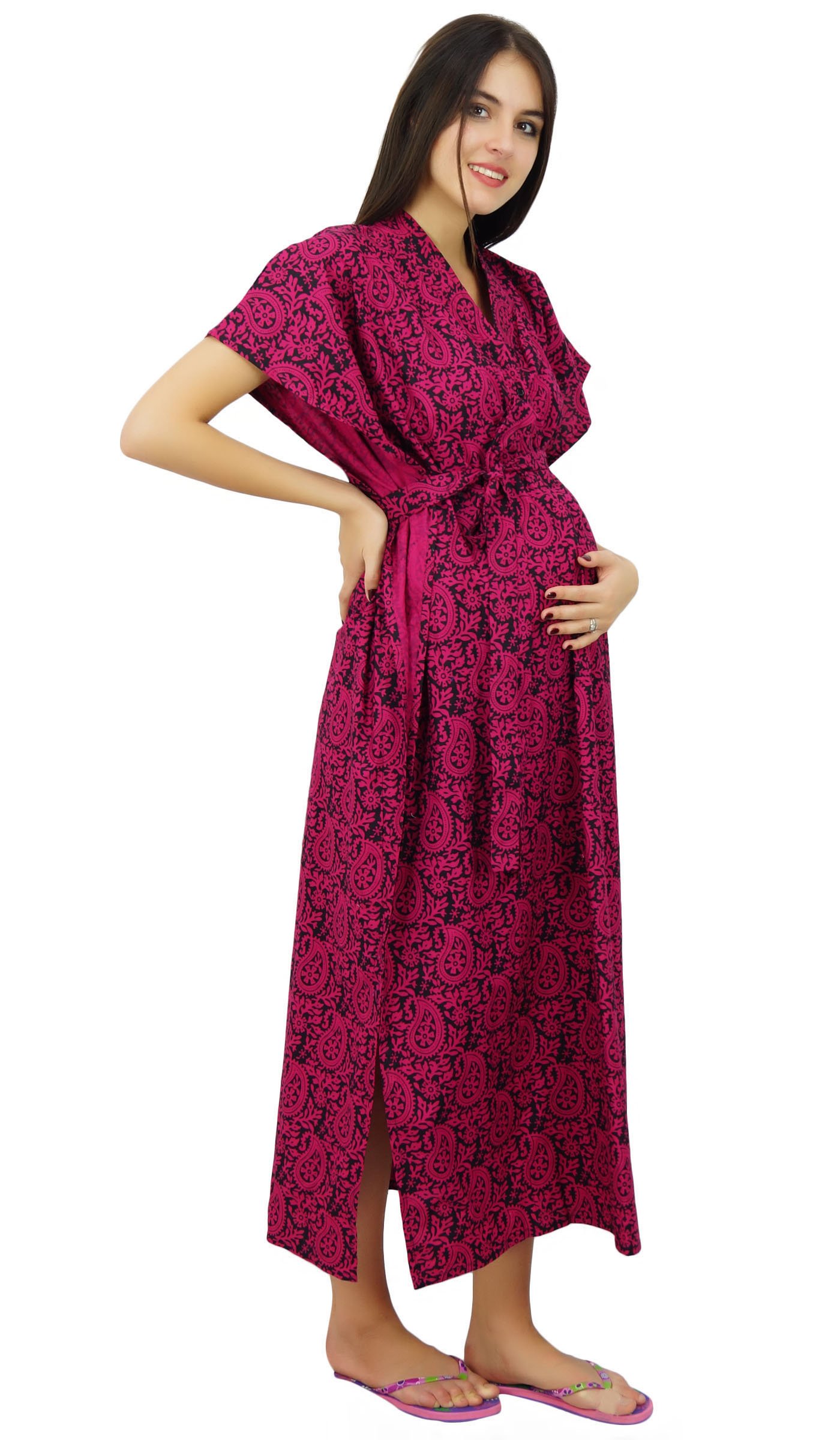 Bimba Nursing Mothers Cotton Kaftan Front & Back Buttons Maternity Night Wear Magenta