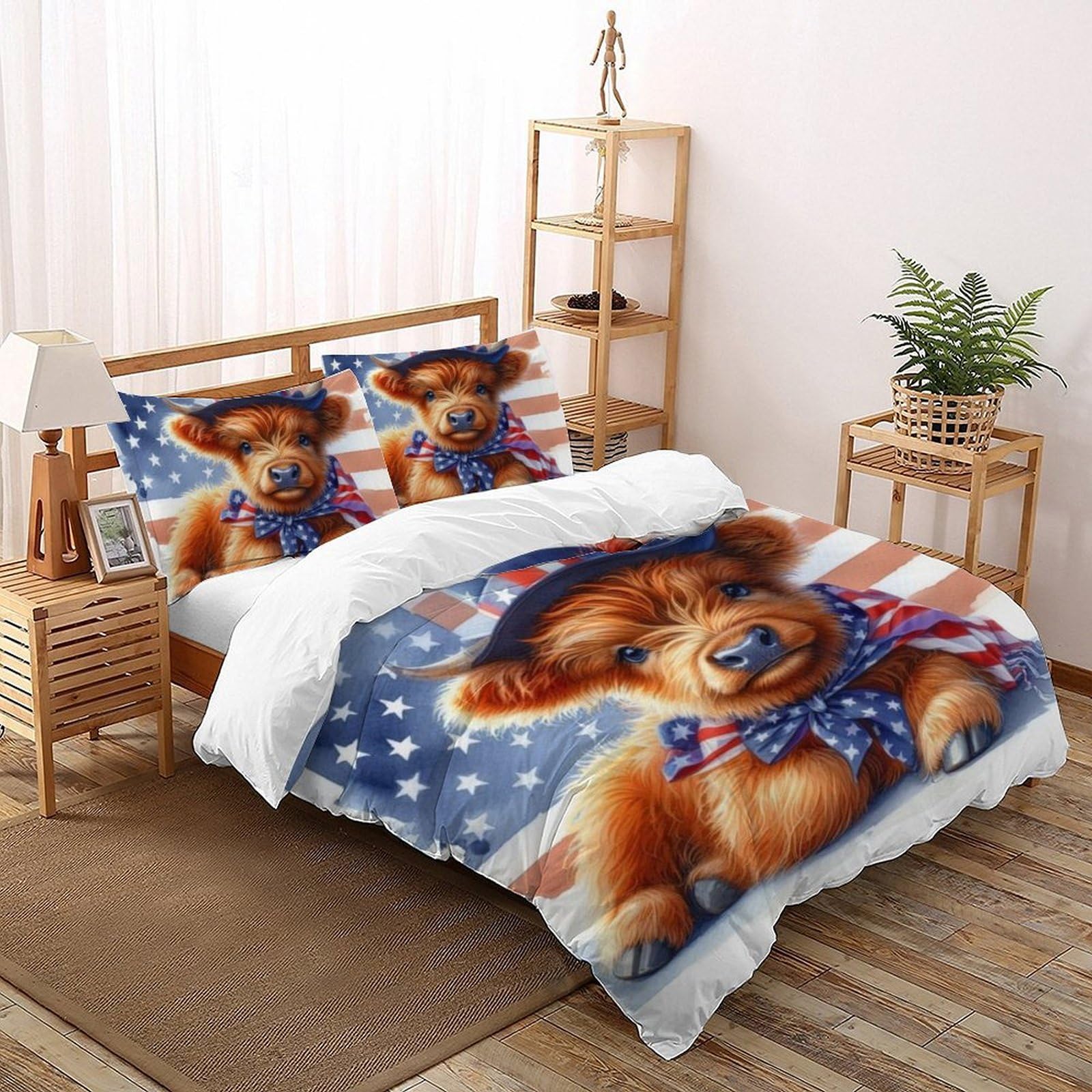 LOVEROGD Highland Cattle Bedding Set Theme Bedspread Forest Animals Animal Themes Duvet Cover Set Microfiber Quilt Cover Universal for All Seasons with Pillowcase Double（200x200cm）