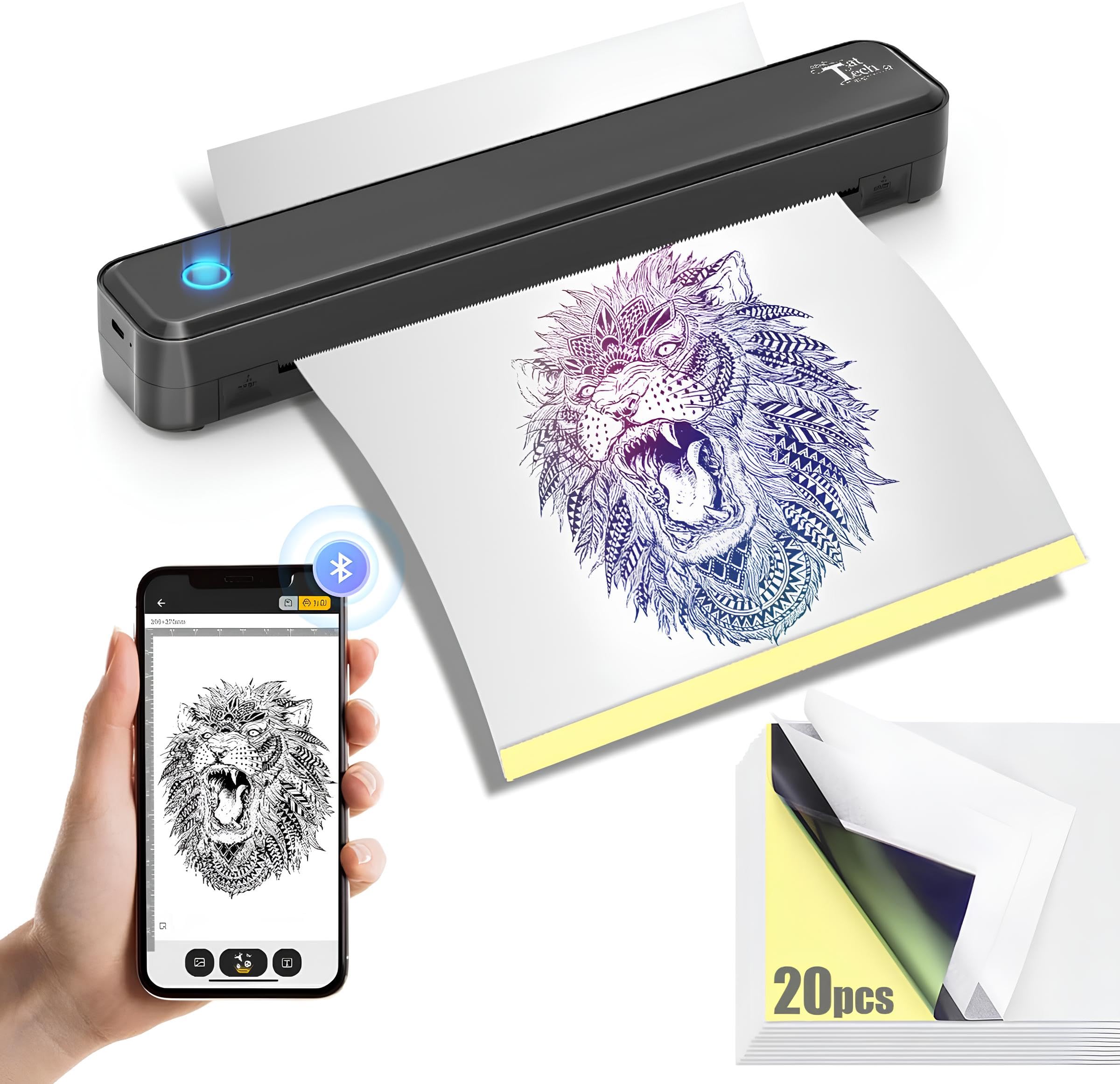 Joyzan Stampante Stencil Tattoo, Stampante Termica Tattoo di Trasferimento Termico 20 Fogli Carta Tatuaggi Temporanei Personalizzati Macchine da Stampa per Phone PC Bluetooth USB Artisti Principianti