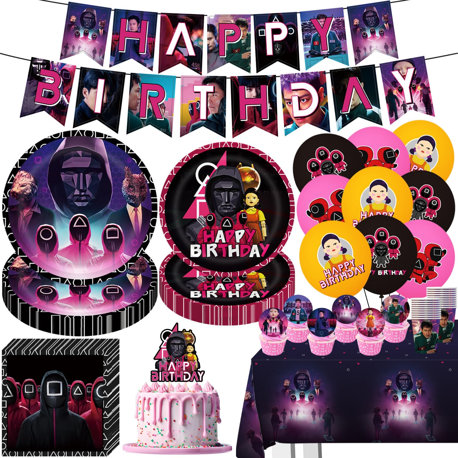 98Pcs Birthday Party Decorations, Happy Birthday Set Include Plates, Napkin, Banner, Cups, Balloons, Tablecloth, Cake Toppers and Cupcake Toppers for Fans Party Supplies, Serve 20