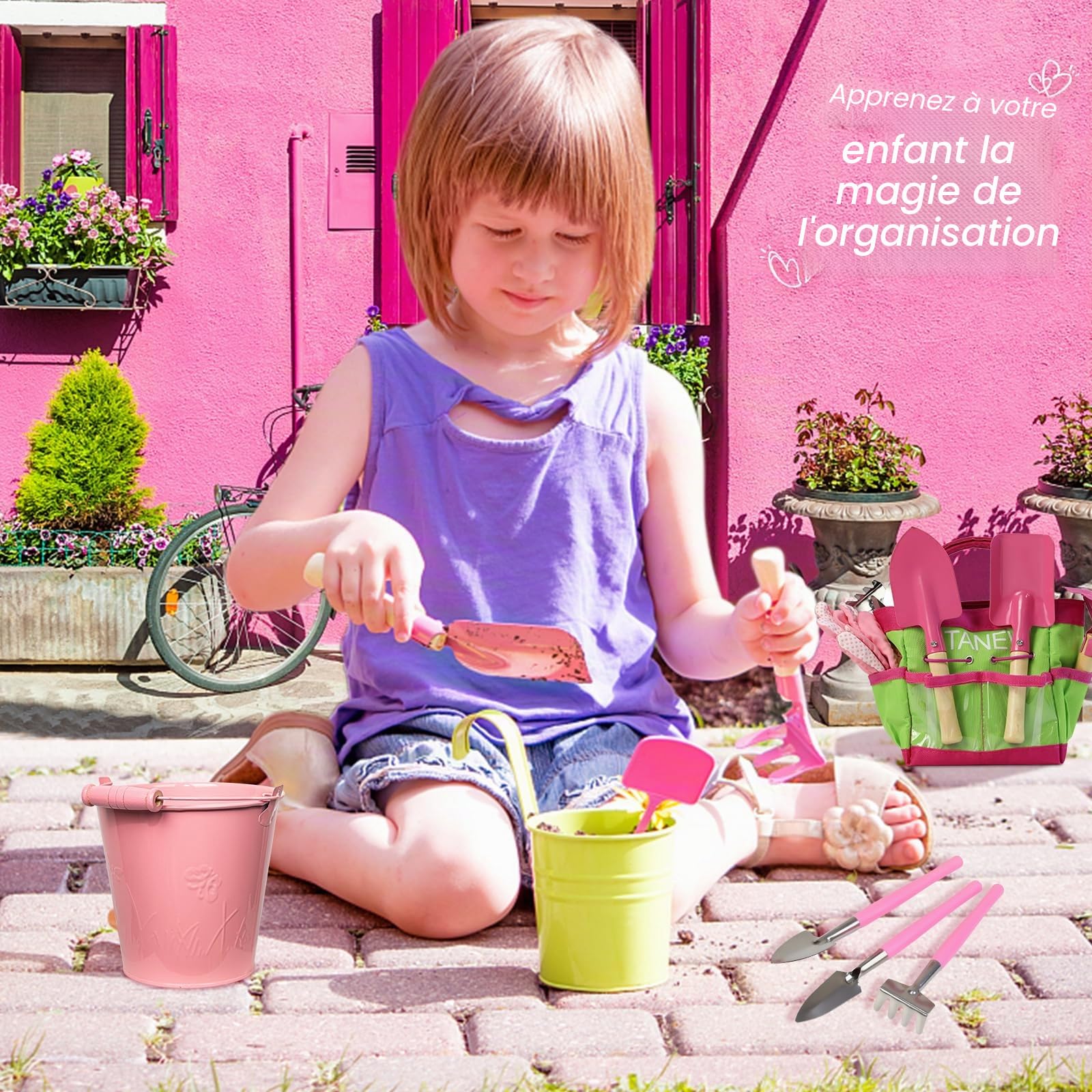 Stanew Kit Jardinage Enfant, Kit D‘Outils De Jardin avec Sac, Outils De Jardin Inclus Seau, Tablier Enfant, Gants De Jardinage, Pelle Rateau