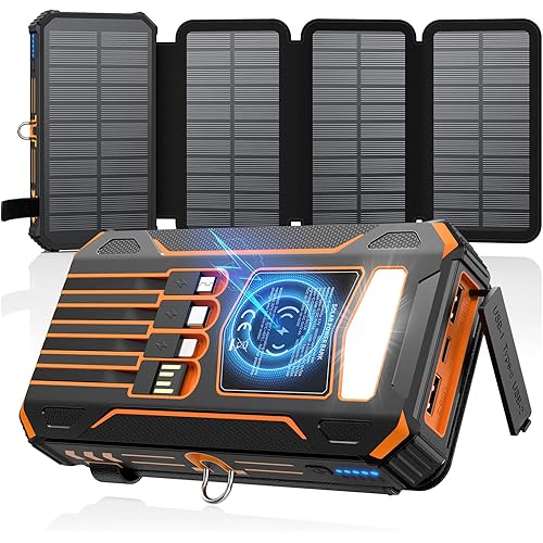 SOARAISE Solar Charger Power Bank - 48000mAh Wireless Portable Charger Built-in 4 Cables and 4 Solar Panels, PD QC 3.0 Fast Charging USB C Battery Pack with Flashlight for Camping Travel