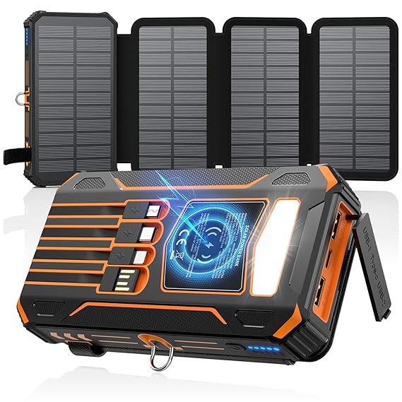 SOARAISE Solar Charger Power Bank - 48000mAh Wireless Portable Charger Built-in 4 Cables and 4 Solar...