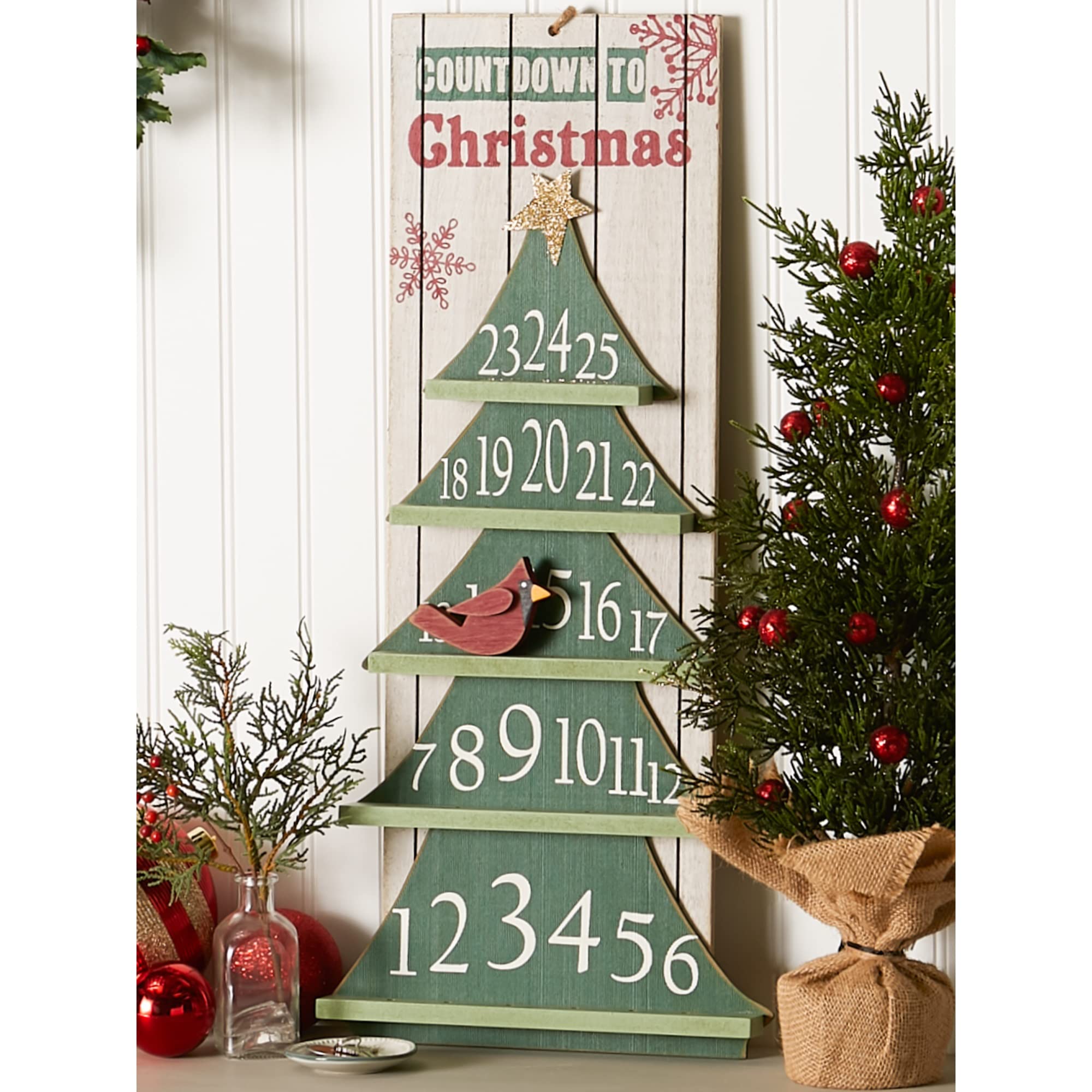 DII Calendrier de l'Avent décoratif à suspendre, en bois MDF, arbre de Noël, 25 x 11,25 cm