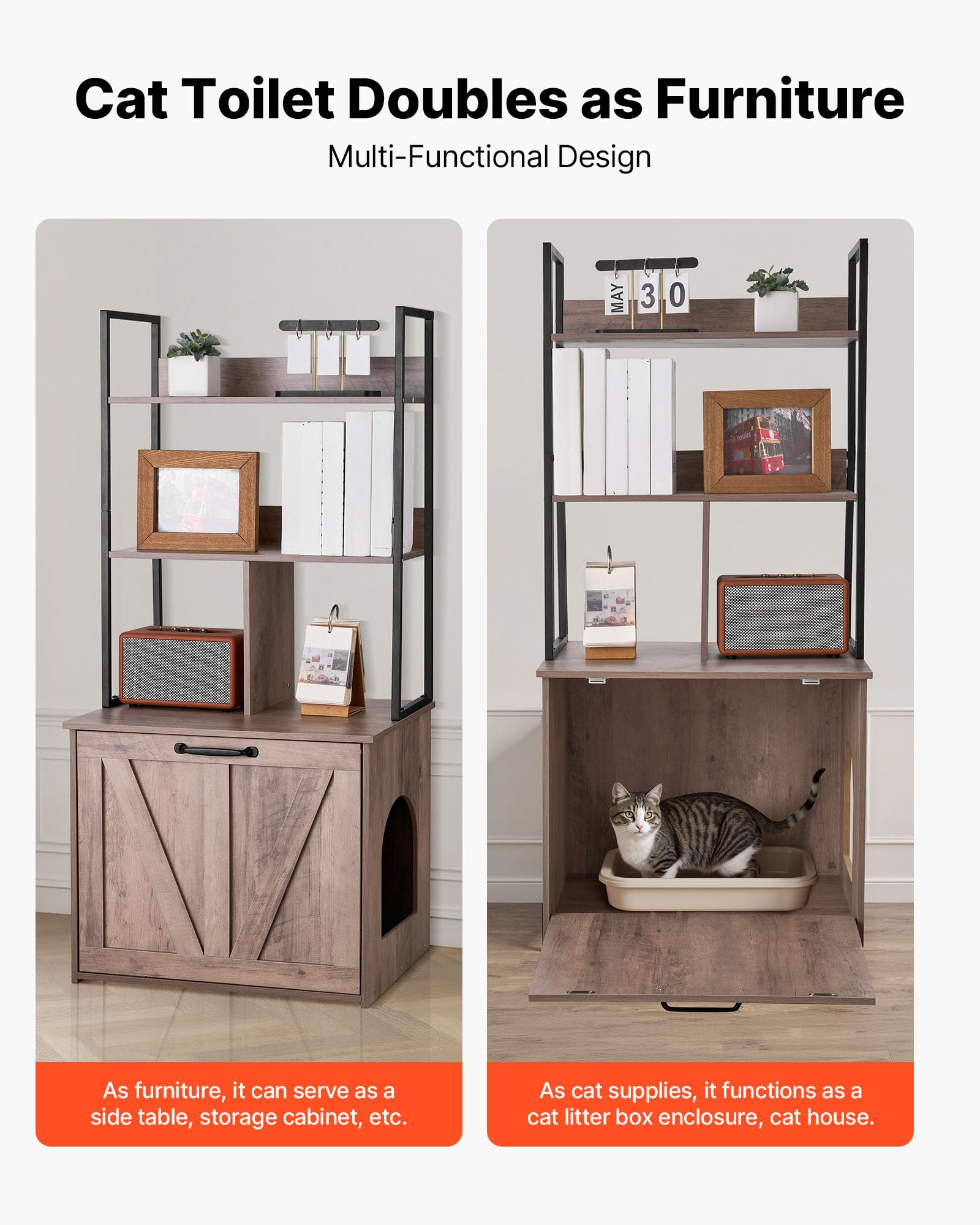 VEVOR Meuble Litière pour Chat 60x50x127,2 cm, Cache-Litière pour Chat avec Étagères de Rangement pour Salon, Entrée Latérale, Table d'Appoint Imperméable, Capacité de Charge 60 kg, Style Moderne