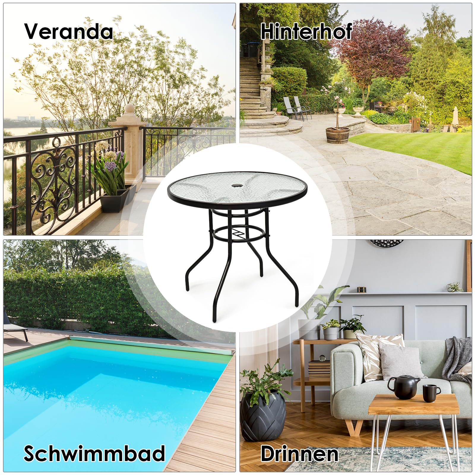GOPLUS Gartentisch mit Schirmloch, Balkontisch mit Glasplatte & Metallrahmen, Terrassentisch Beistelltisch Bistrotisch Glastisch Esstisch für Garten & Terrasse (Rund)