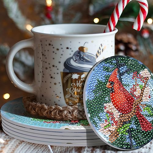 Miniatura 3 de Sliner 10 posavasos de pintura de diamante cardenal de Navidad con soporte para pintura de arte de diamante de pájaro, kit de posavasos