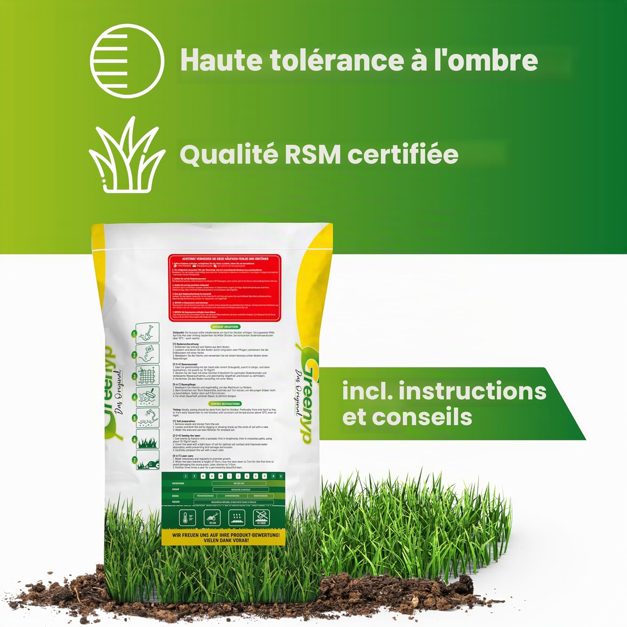 Greenyp® Ultimate - Gazon ombragé RSM de qualité supérieure avec 100 % d'herbes RSM - 5 kg pour 200 m² - Graines de gazon pour les endroits ombragés et secs